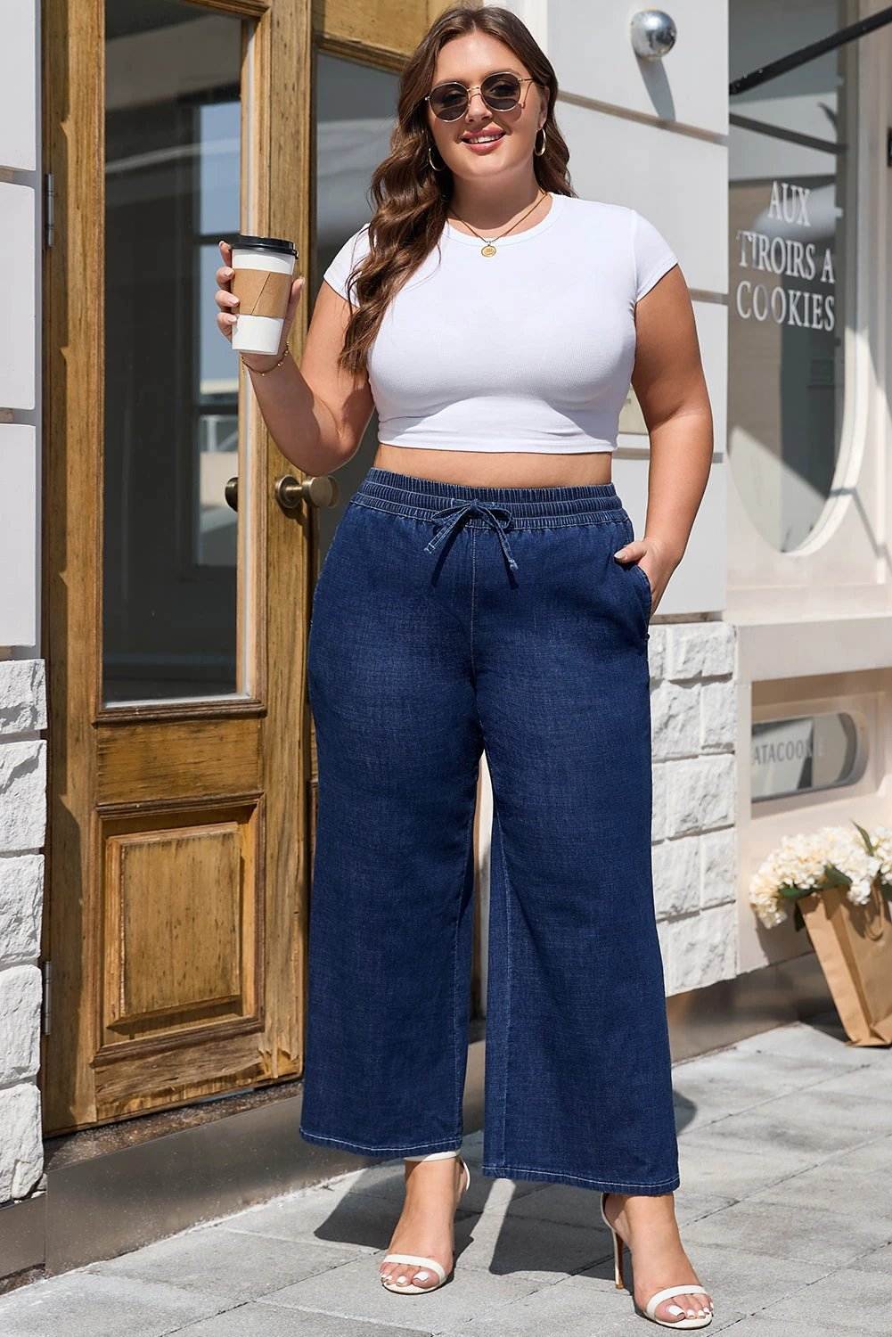 Plus Size Real Drawstring High-Waisted Wide-Leg Casual Jeans — women's everyday bottoms | J&H Apparel