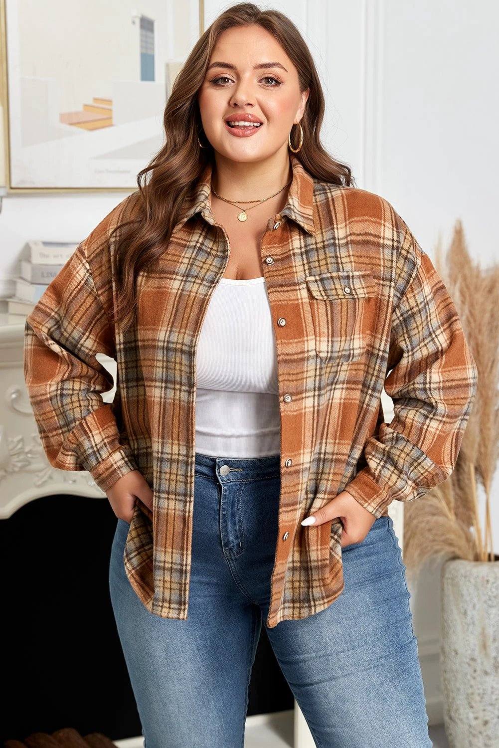 Plus Size Plaid Print Flap Pocket Buttoned Shacket — women's everyday layering piece | J&H Apparel