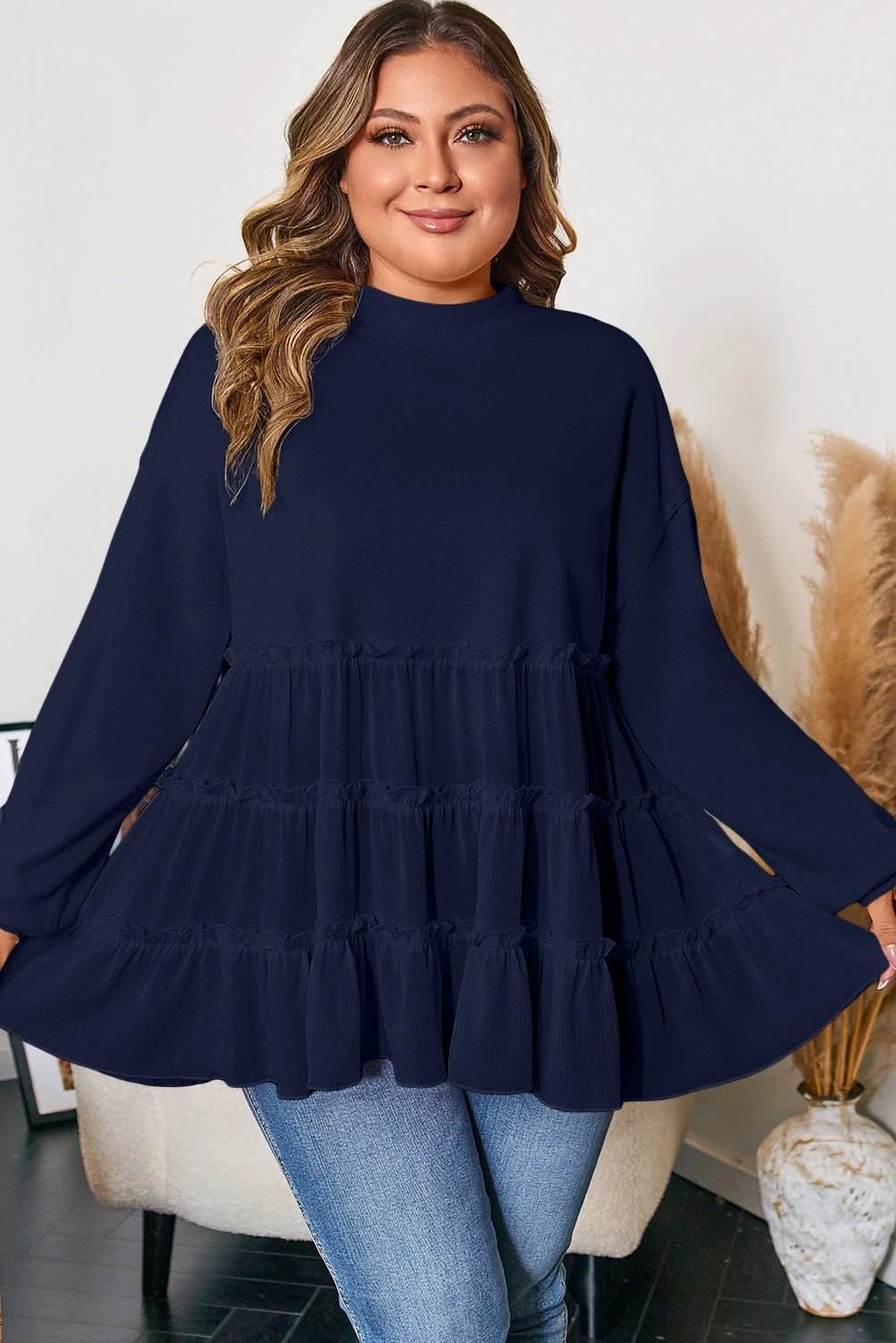 Dear-Lover Dropshipping Pink Tiered Ruffle Ribbed Crew Neck Pullover Plus Size Top - Plus Size/Plus Size Tops/Plus Size Blouses & Shirts