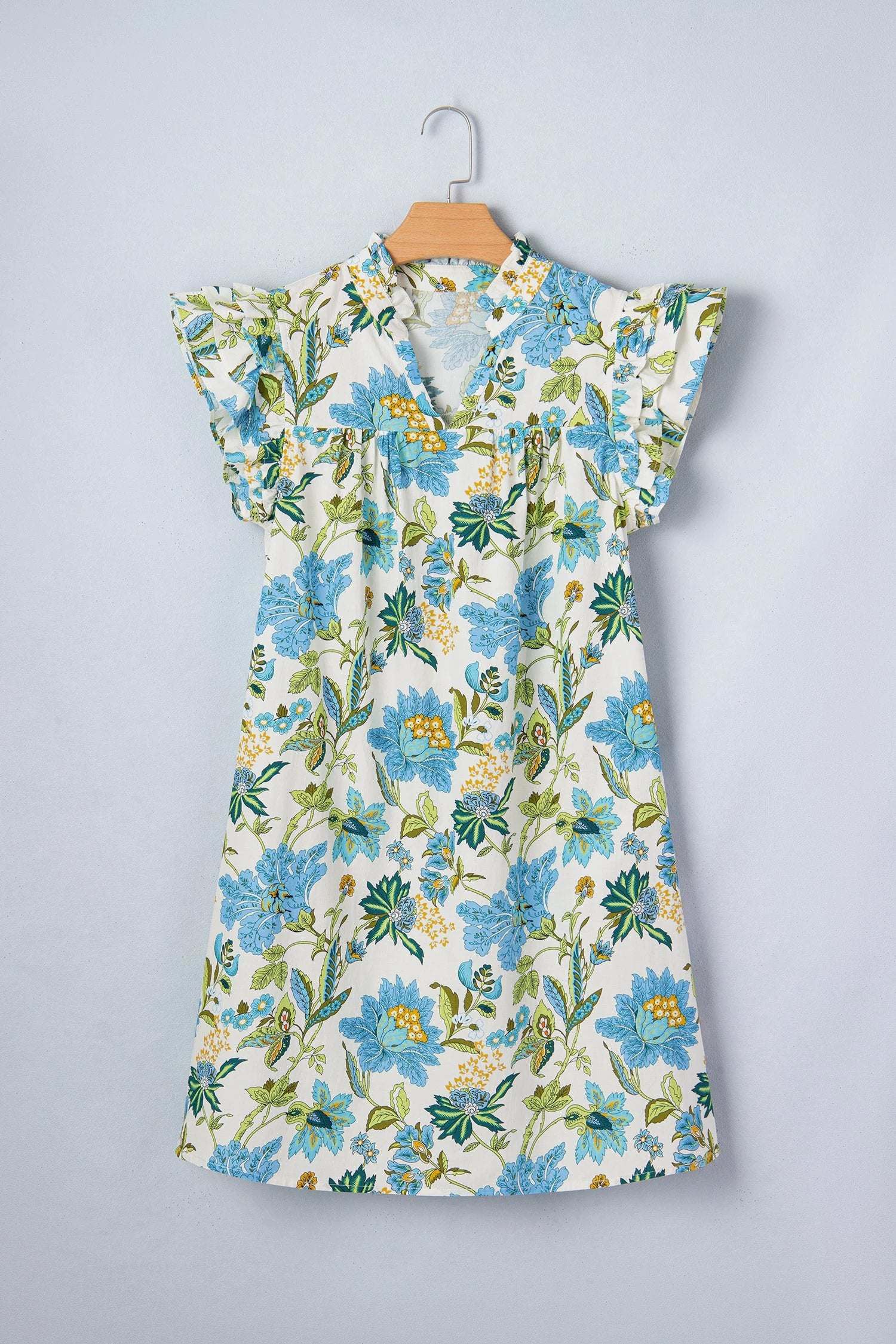 beige floral print v neck triple ruffle short sleeve shift mini dress for women casual everyday outfit