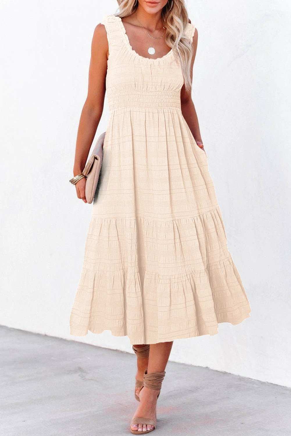 Sleeveless Midi Dress with shirred pleated square-neck bodice and tiered skirt