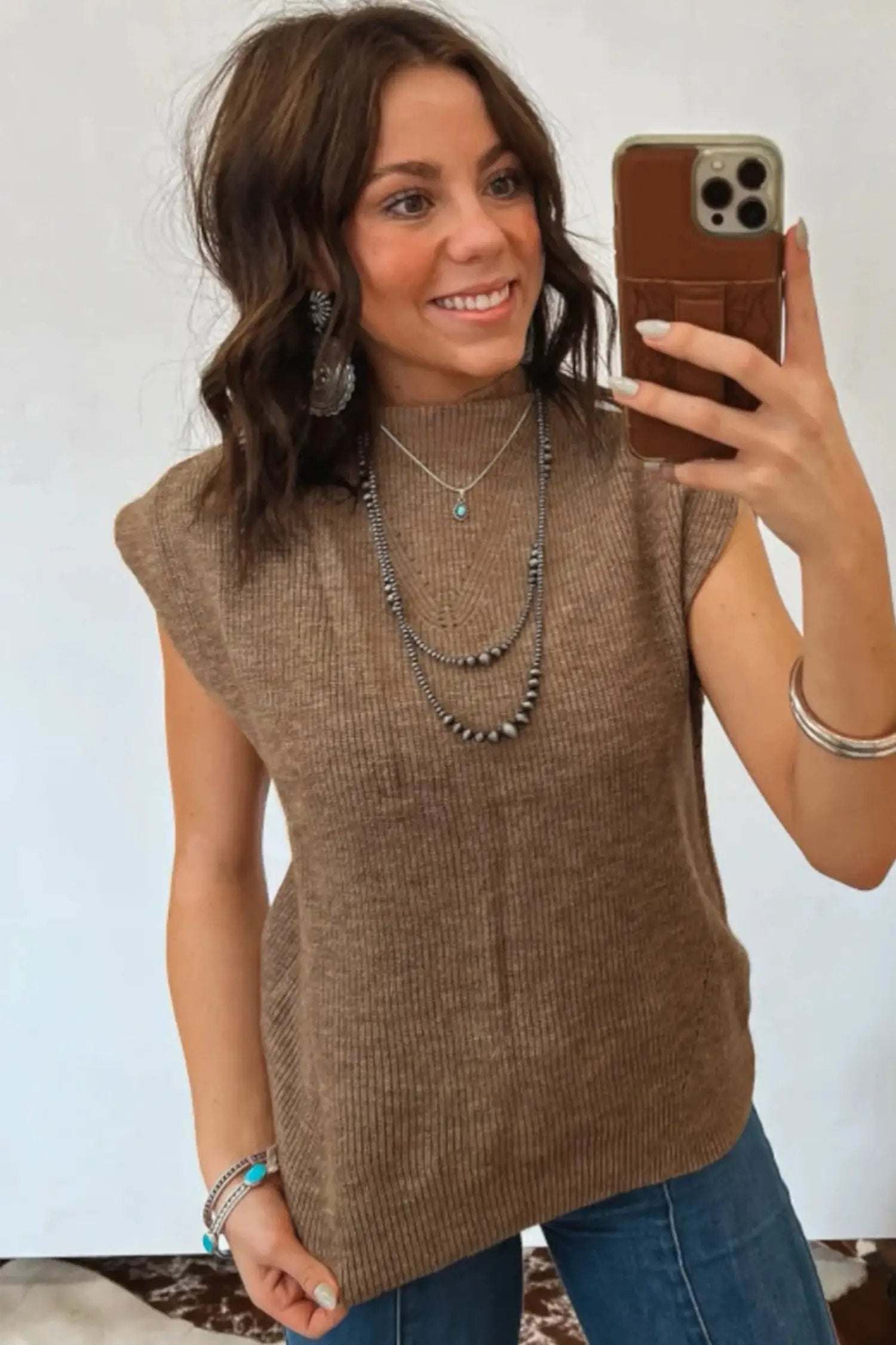 Caramel brown ribbed knit top