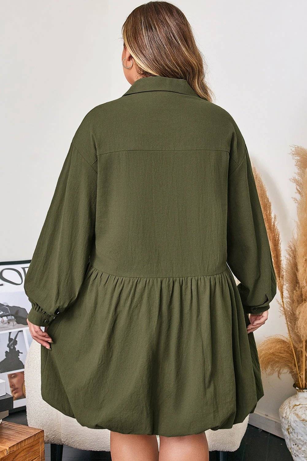 Plus size olive green collar button-front mini dress with long sleeves and ruffle hem