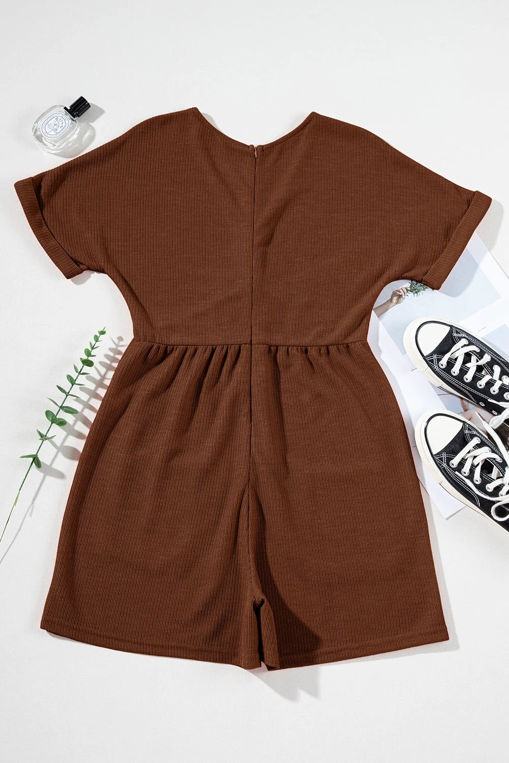 coffee solid color knit v neck zipped loose romper for women casual everyday outfit