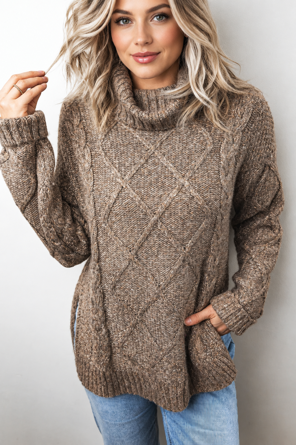 Dark Khaki High Neck Drop Shoulder Cable Knit Regular Length Sweater