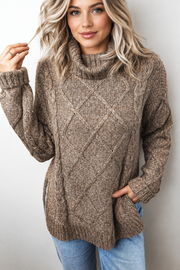 Dark Khaki High Neck Drop Shoulder Cable Knit Regular Length Sweater