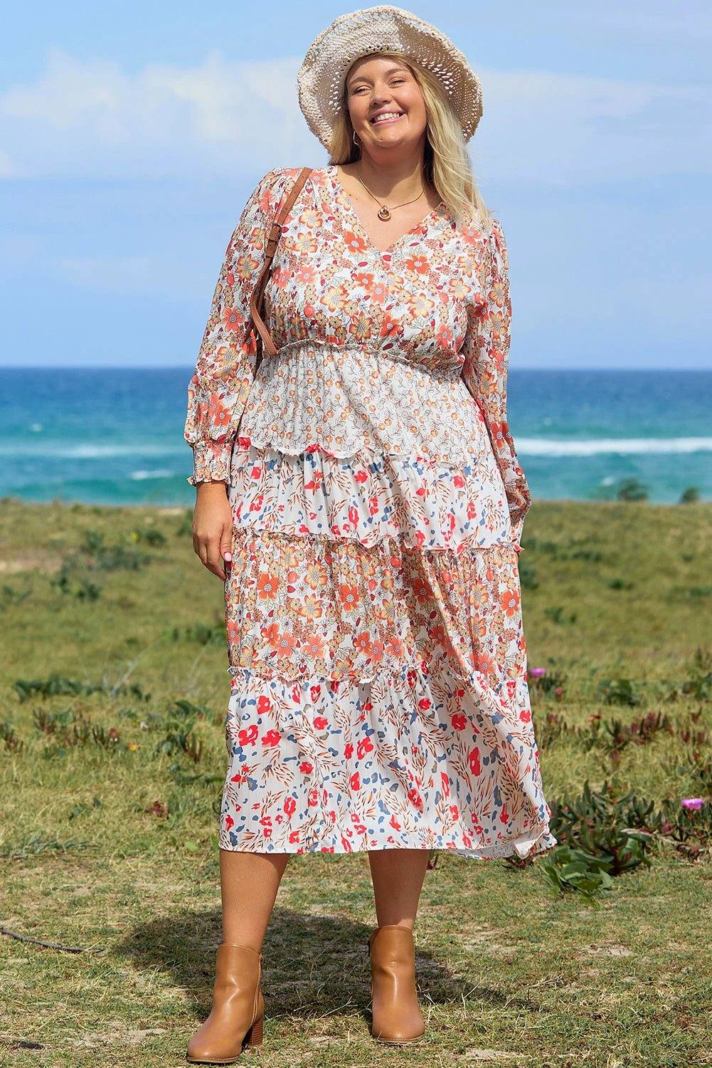 Plus size boho floral tiered ruffle maxi dress with long sleeves embodying main character energy