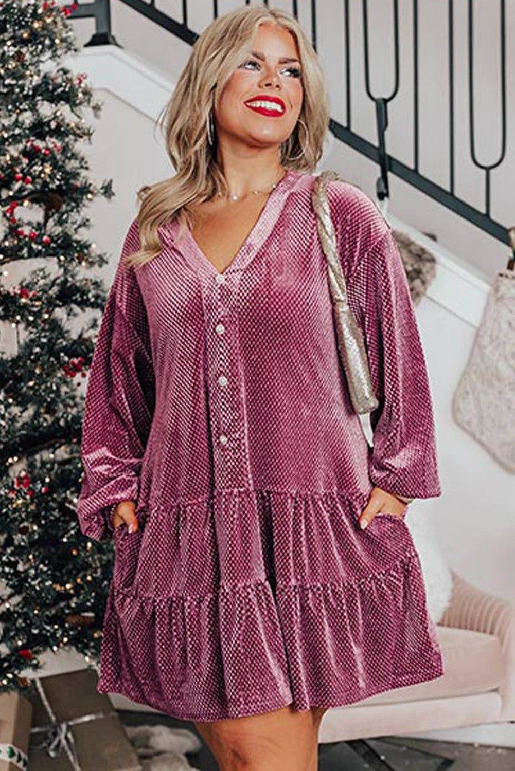 Plus size textured velvet tiered dress in meadow mauve with front buttons and relaxed A-line fit