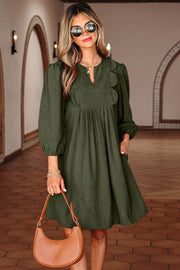 Moss green corduroy mini dress with bracelet sleeves, split neck, and scallop detail from Sunday Ready collection