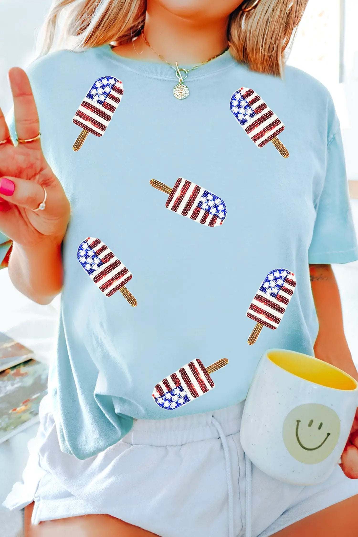 Light blue Patriotic Vibes tee with sequin popsicle graphic for summer style
