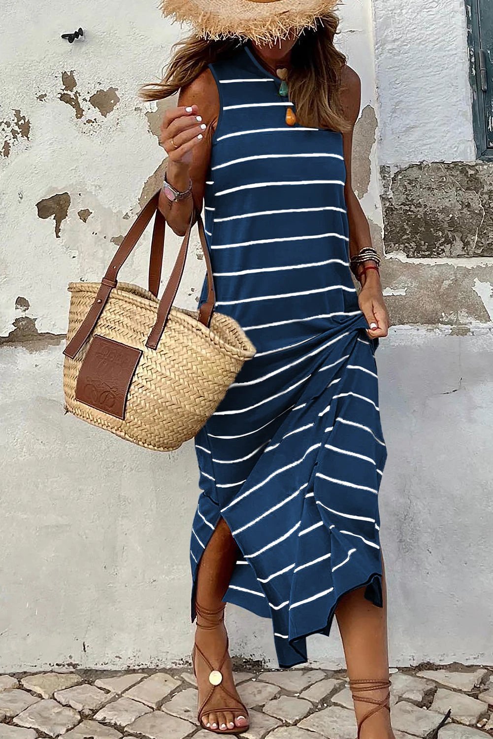 blue gray stripe print open back sleeveless maxi dress with slits for women casual everyday outfit