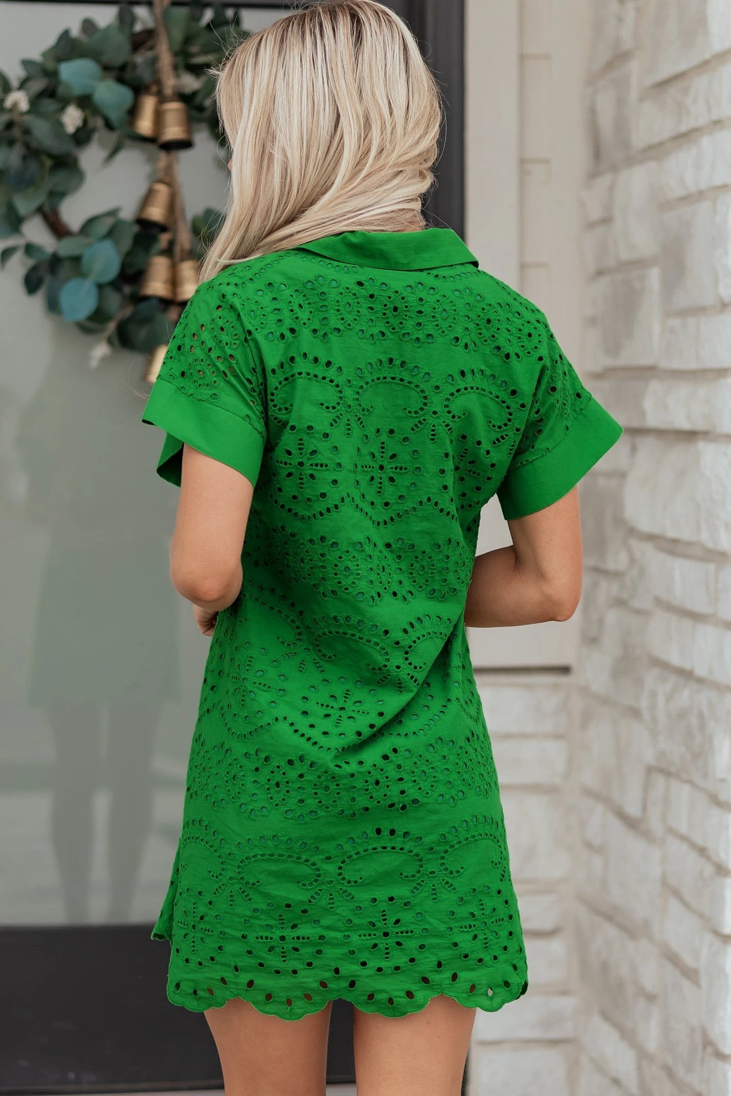 White solid color eyelet embroidered T shirt mini dress with short sleeves