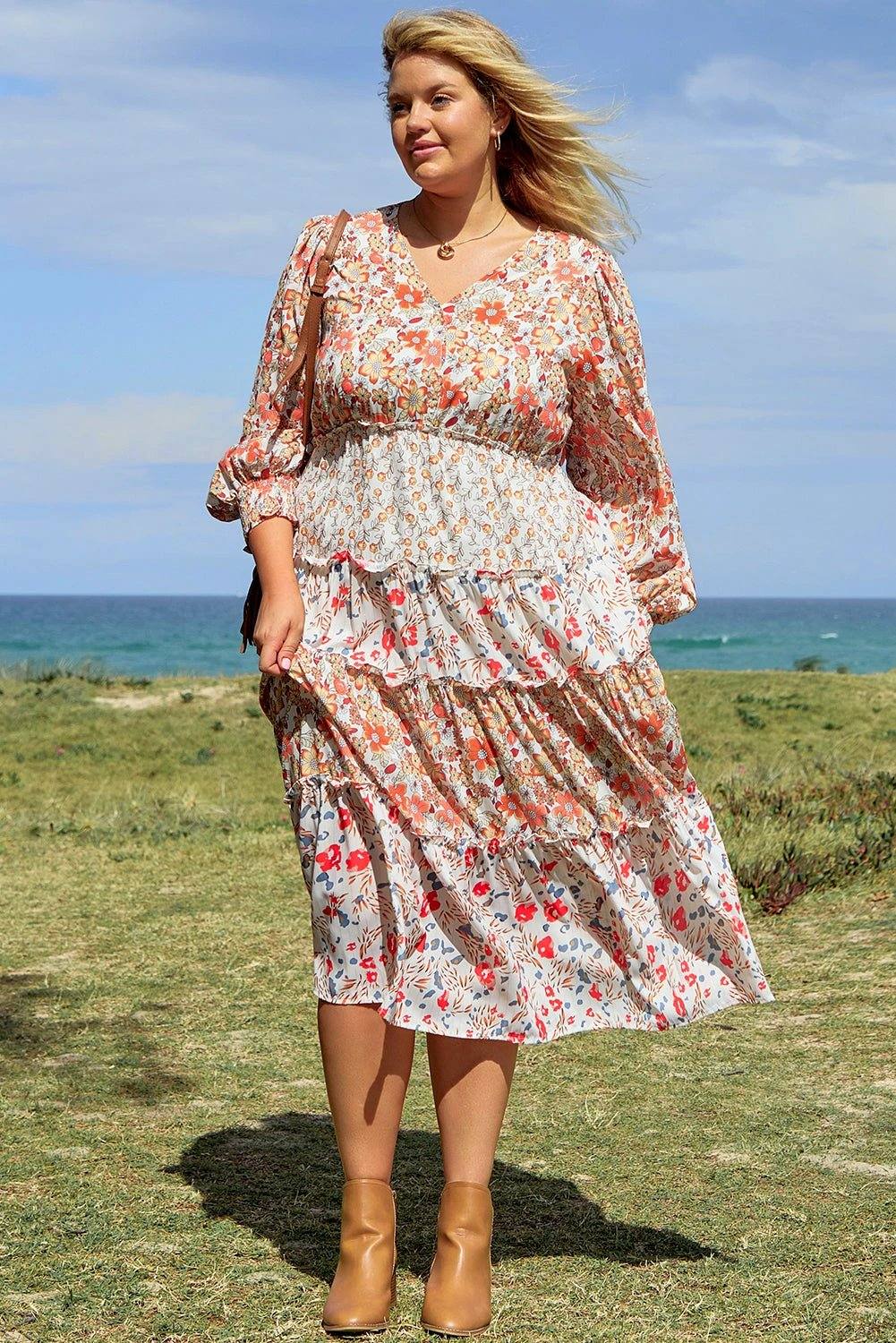 Plus size boho floral tiered ruffle maxi dress with long sleeves embodying main character energy
