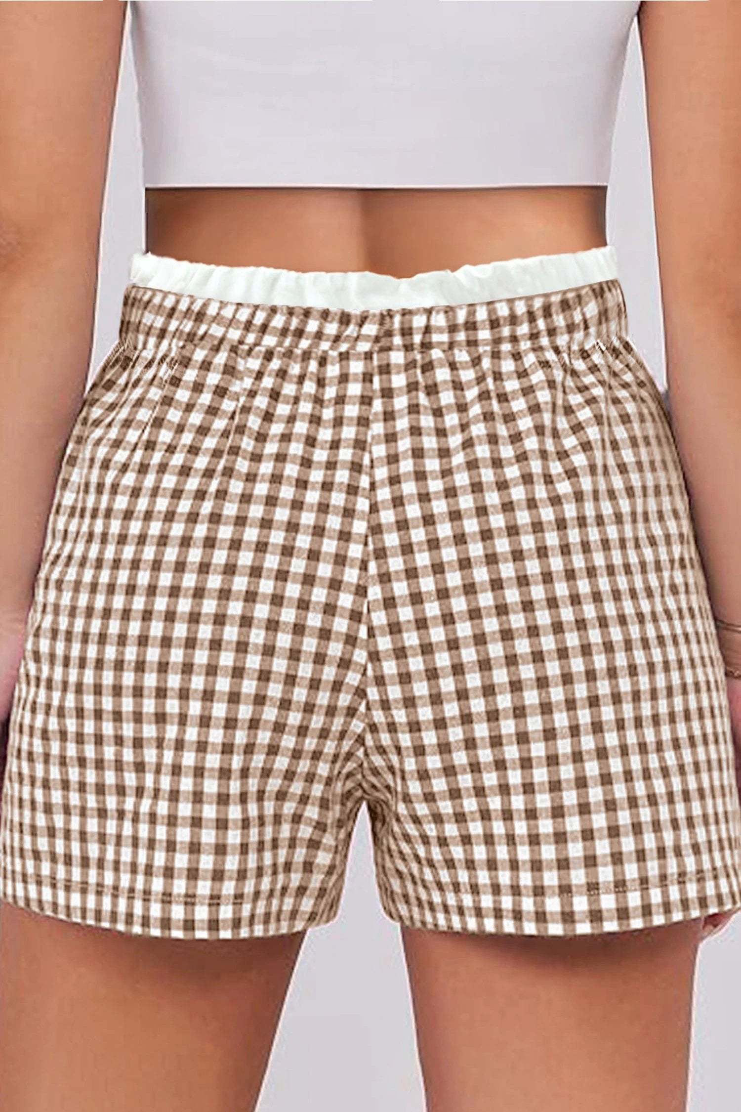 Pink contrast trim plaid print plus size shorts for women casual everyday outfit