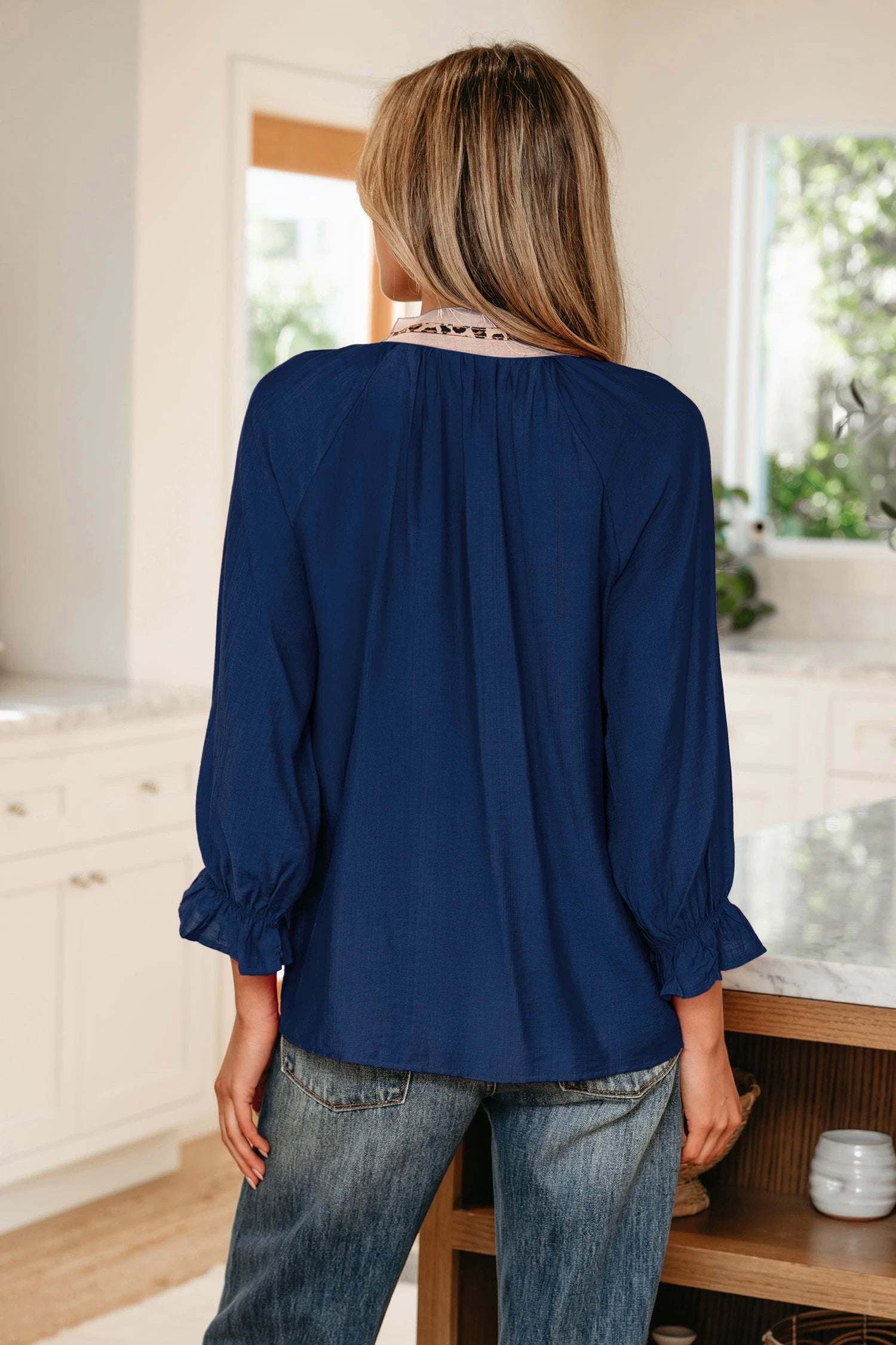 Violet Leopard Trim V-Neck blouse with flounced bracelet sleeves and lightweight cotton-linen blend