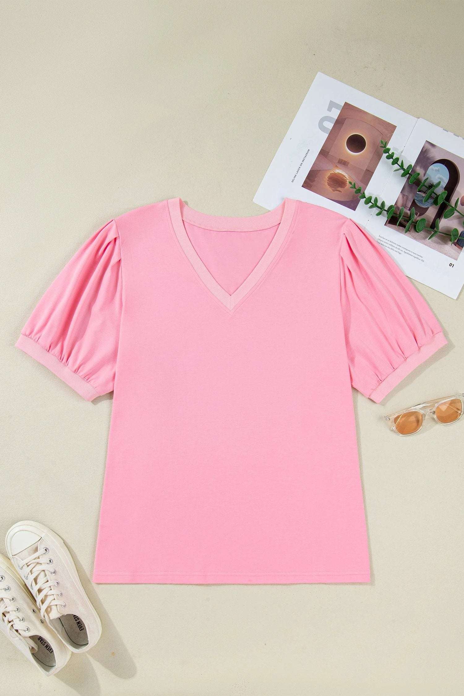 Plus size soft pink Bonbon V Neck blouse with pleated detail and short puff sleeves