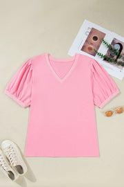 Plus size soft pink Bonbon V Neck blouse with pleated detail and short puff sleeves