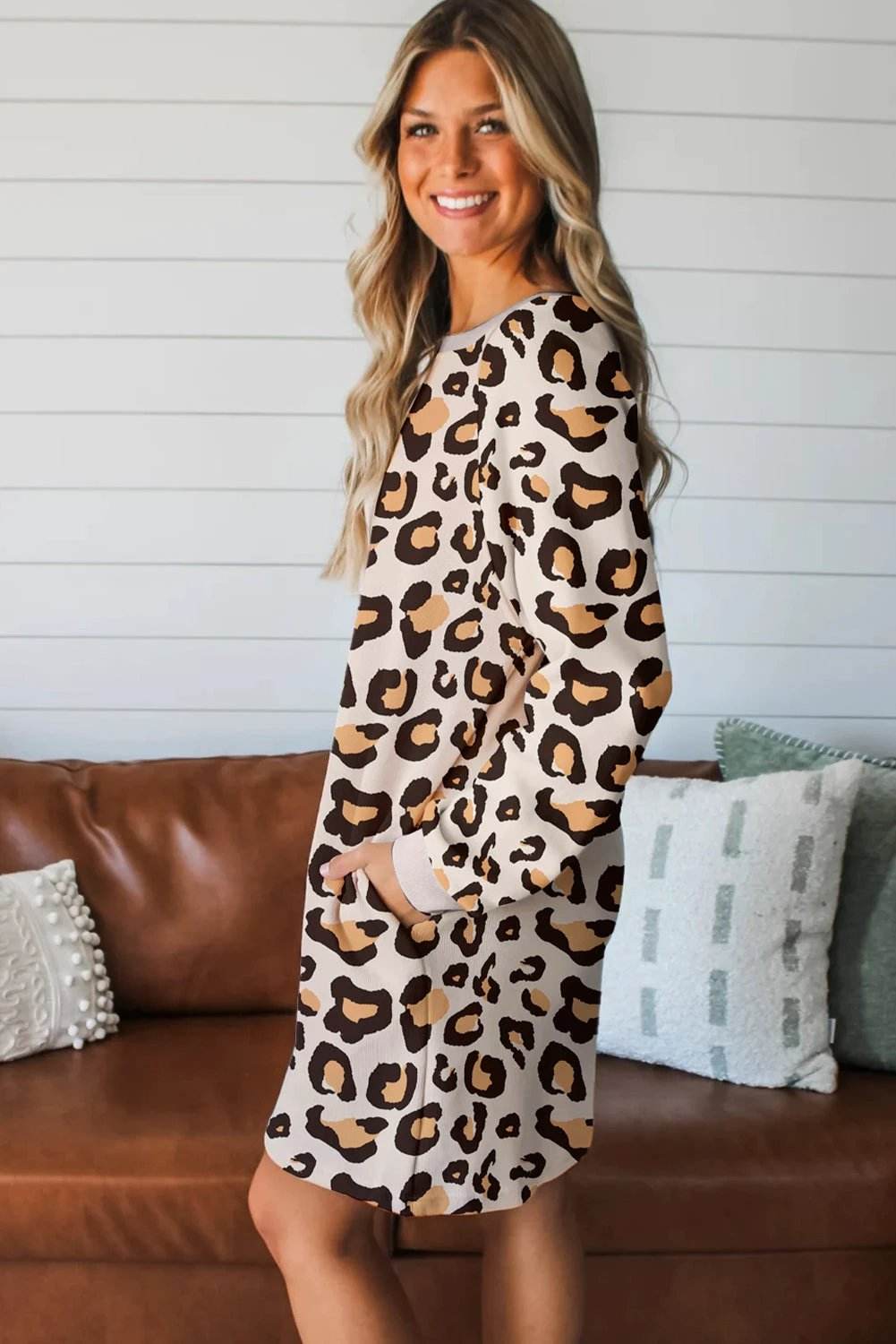 khaki leopard long sleeve shift t shirt dress with pockets for women casual everyday outfit