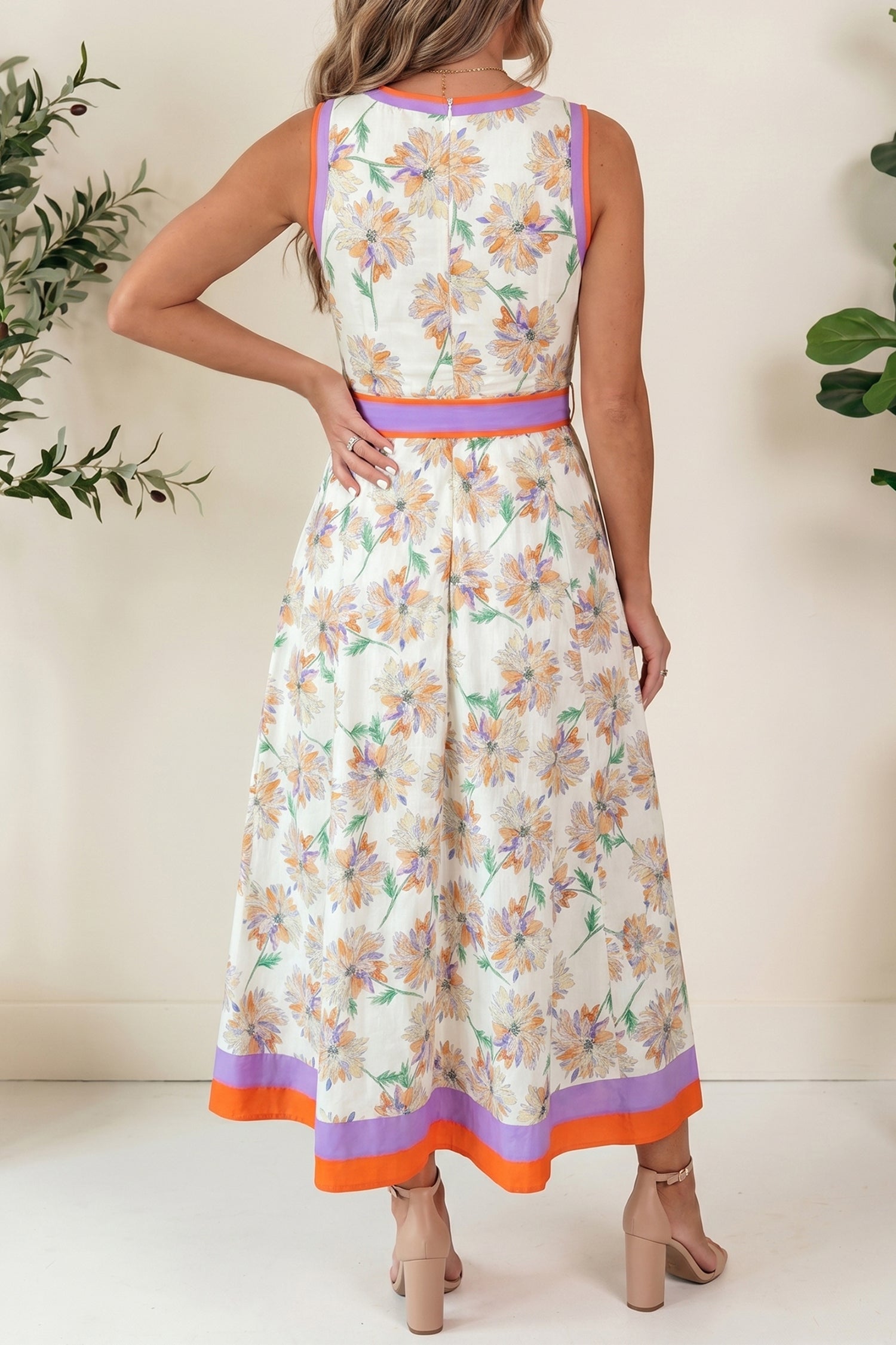 Garden Party Glow | Floral Print Maxi Dress With Belted Color Block Trim