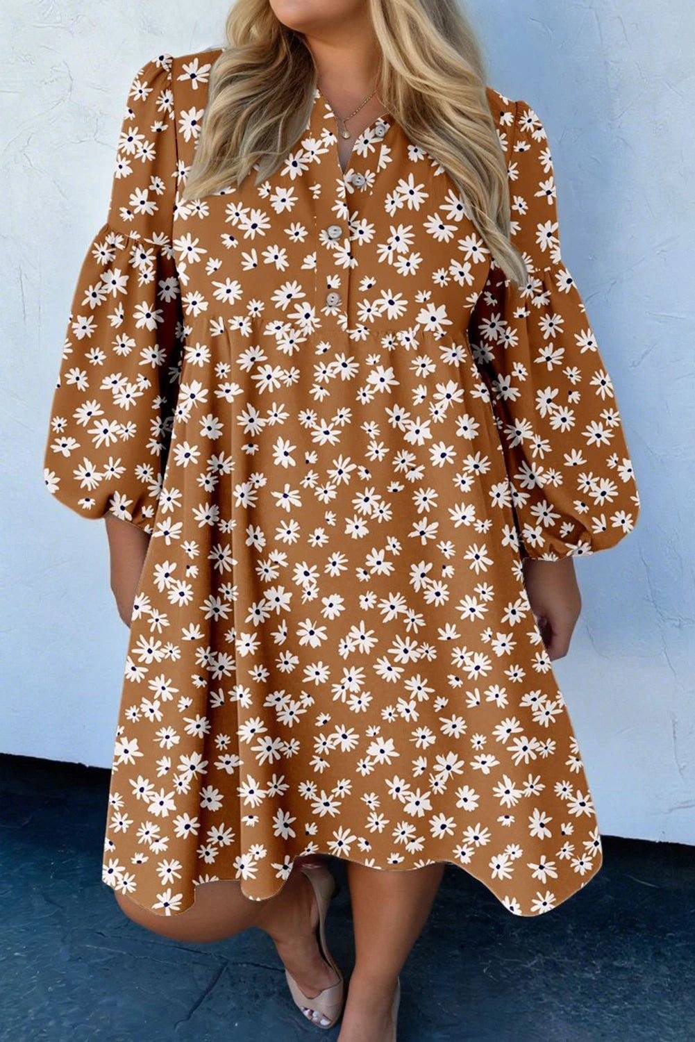 khaki plus size daisy floral print button split neck puff sleeve dress for women casual everyday outfit