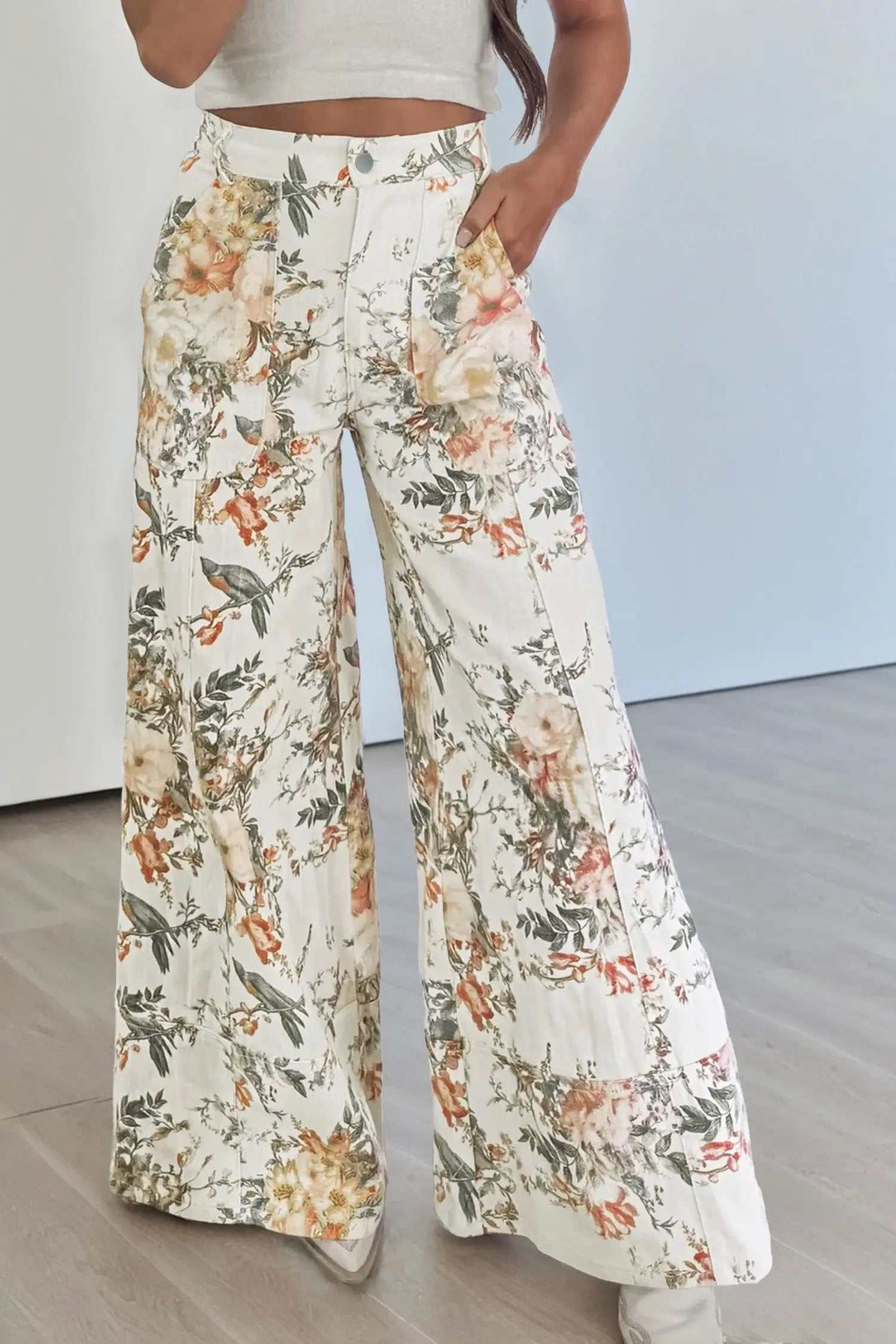 Floral High Waist Jeans wide leg boho vintage denim for women