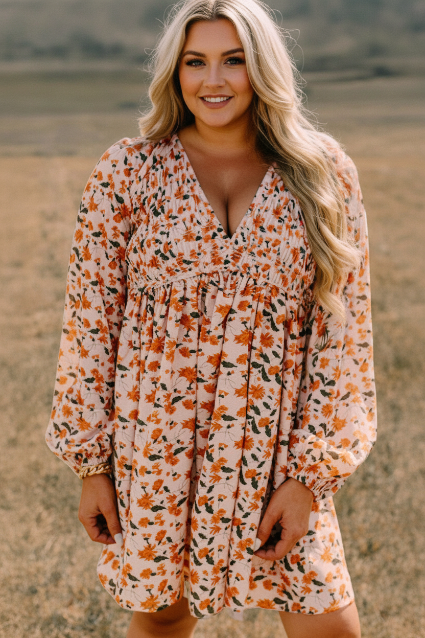 Plus Size Floral Print V-Neck Long Sleeve Babydoll Short Dress