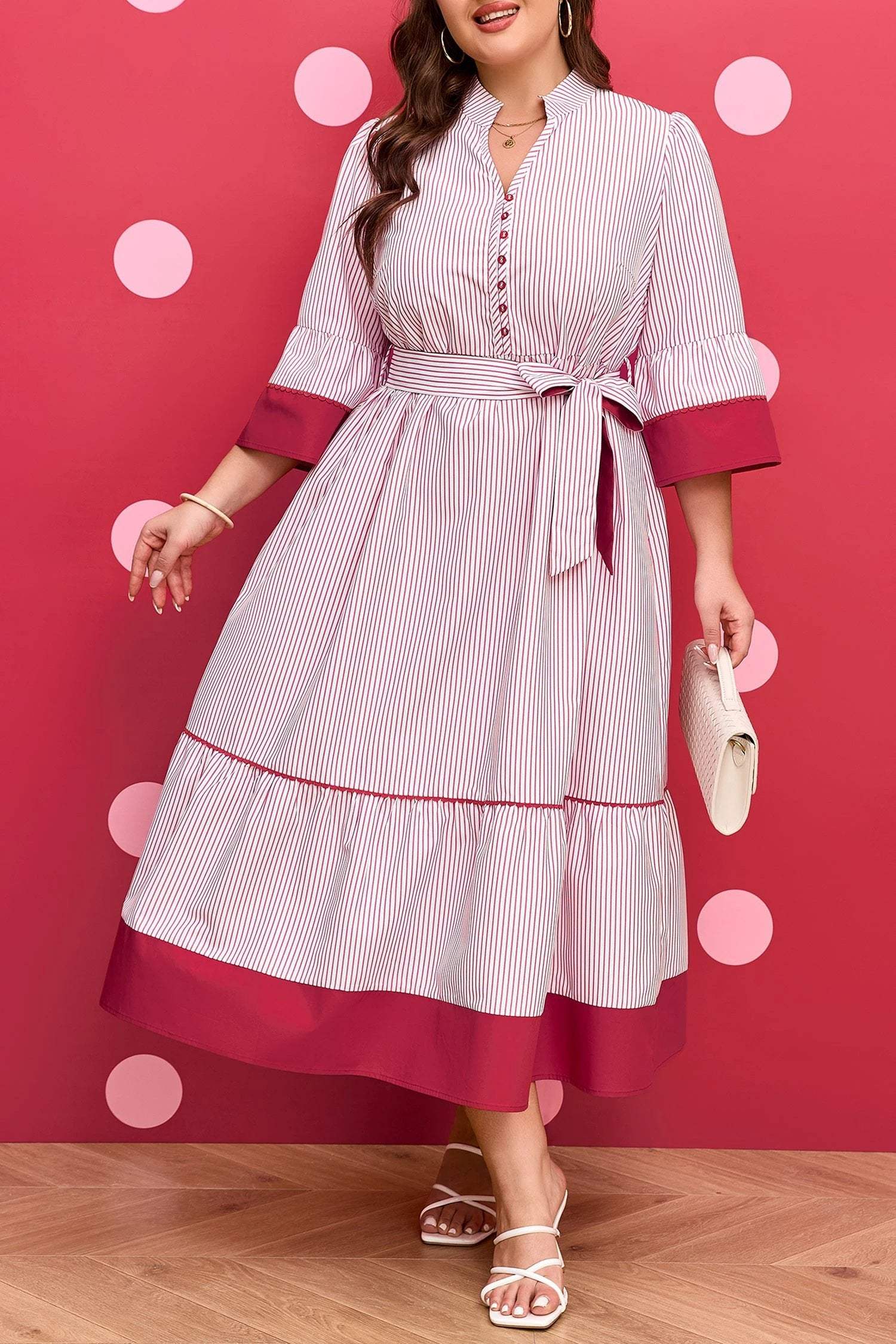 red stripe plus size ruffled hem pinstriped midi dress for women casual everyday outfit