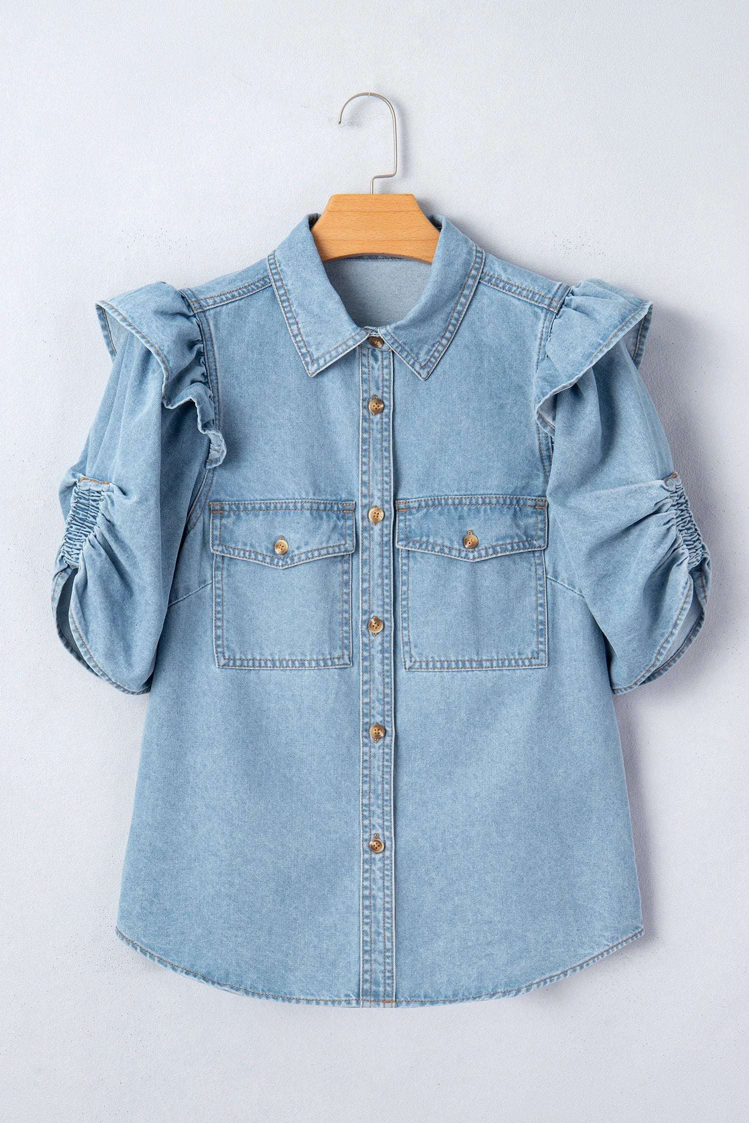denim ruffle detail short puff sleeve button down flap pocket denim shirt for women casual everyday outfit