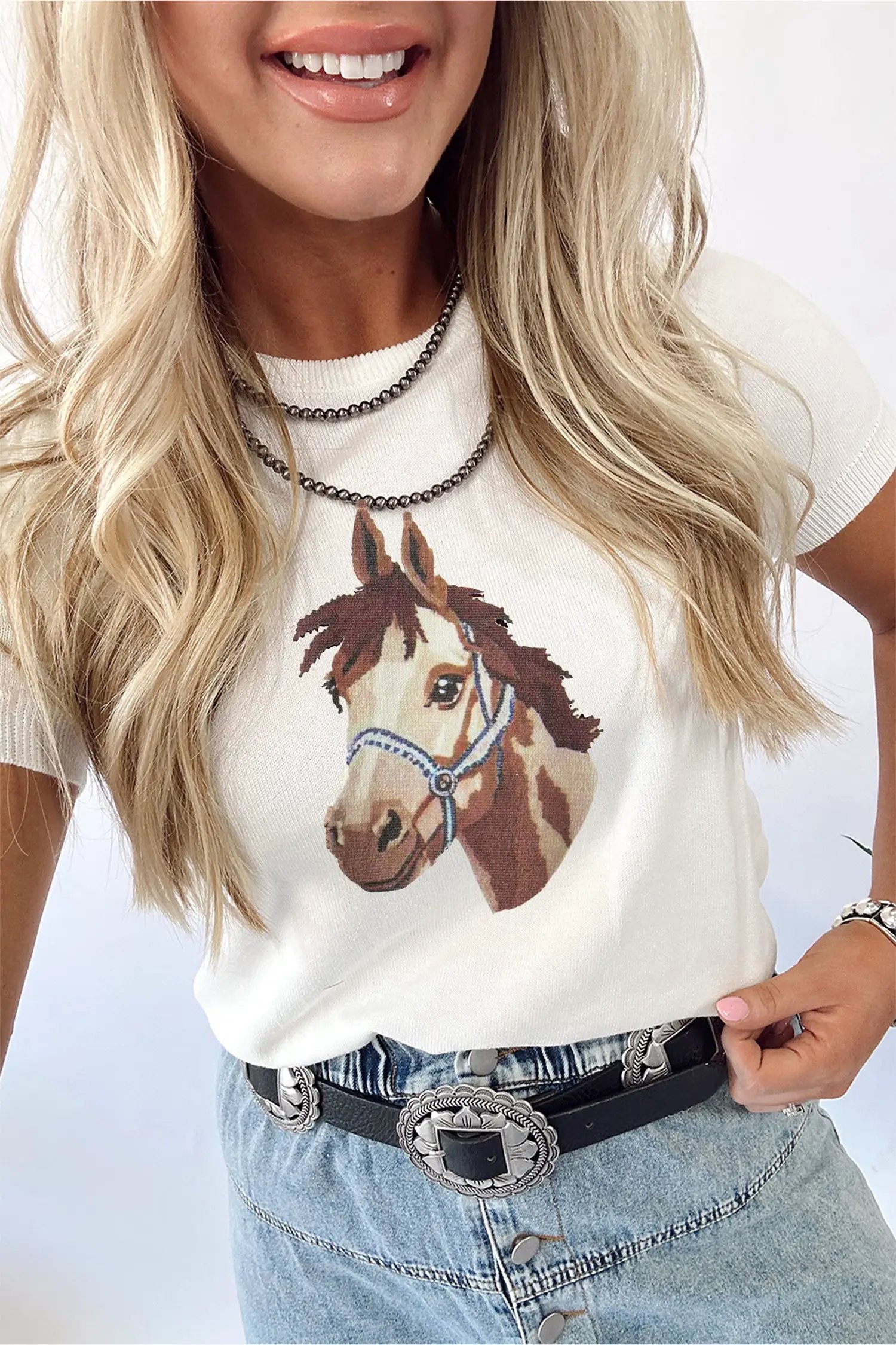 Dear-Lover Dropshipping White Wild West Horse Head Printed Short Sleeve Sweater - Sweaters & Cardigans/Short Sleeve Sweaters