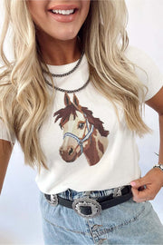 White short sleeve sweater with Wild West horse head print and relaxed fit