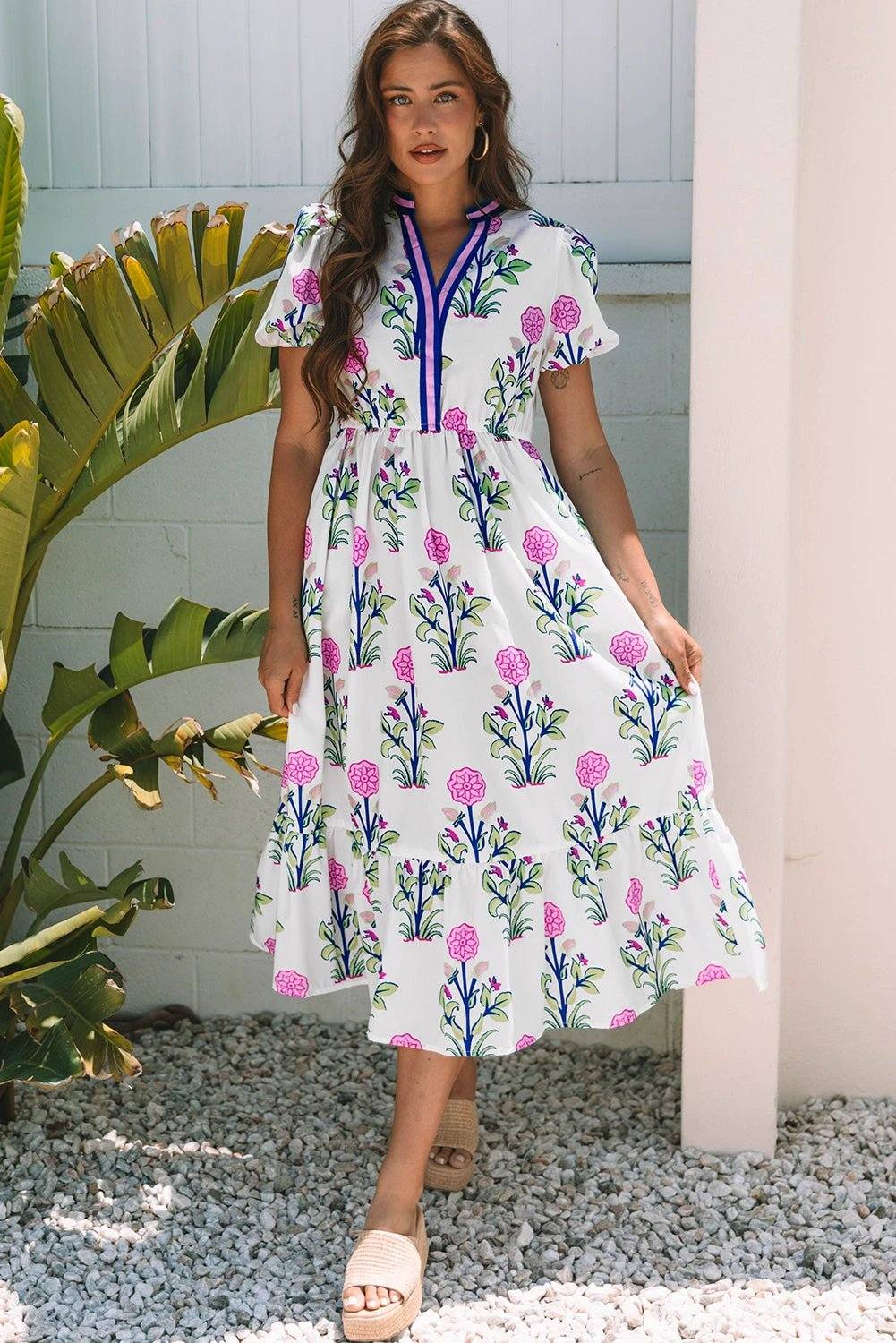 sky blue floral puff short sleeve v neck high waist maxi dress for women casual everyday outfit