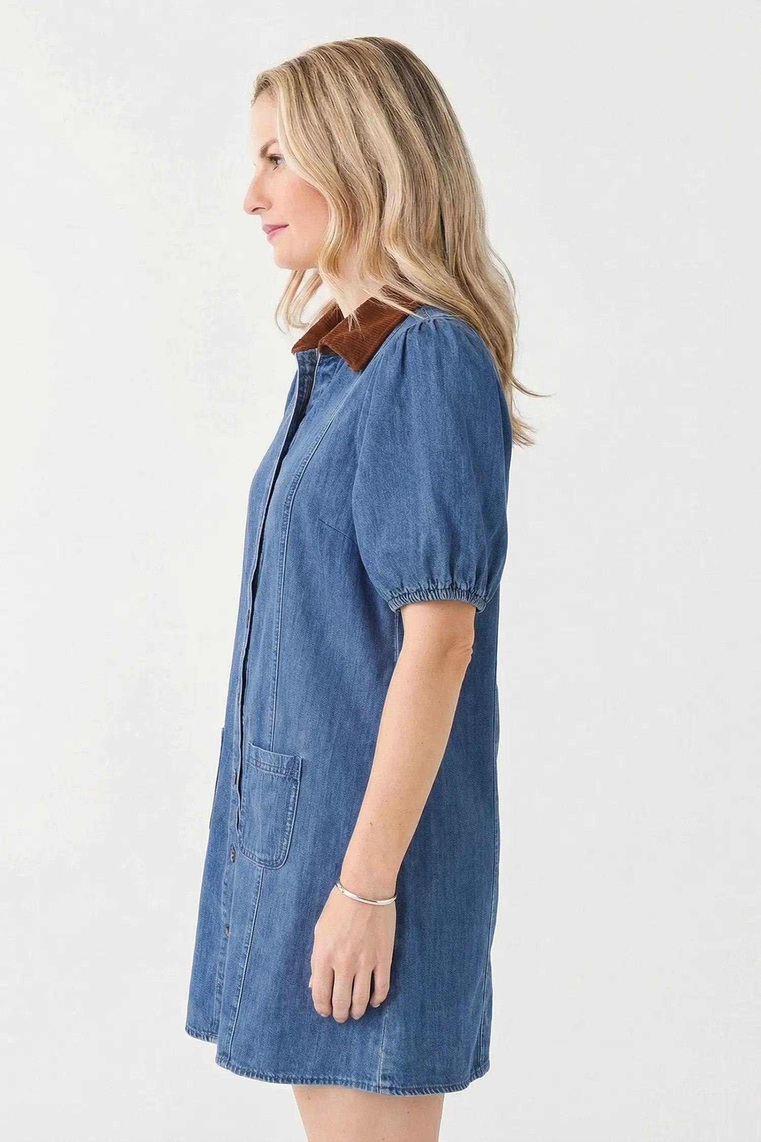 blue denim short puff sleeve Colorblock shirt collar patchwork mini dress for women casual everyday outfit