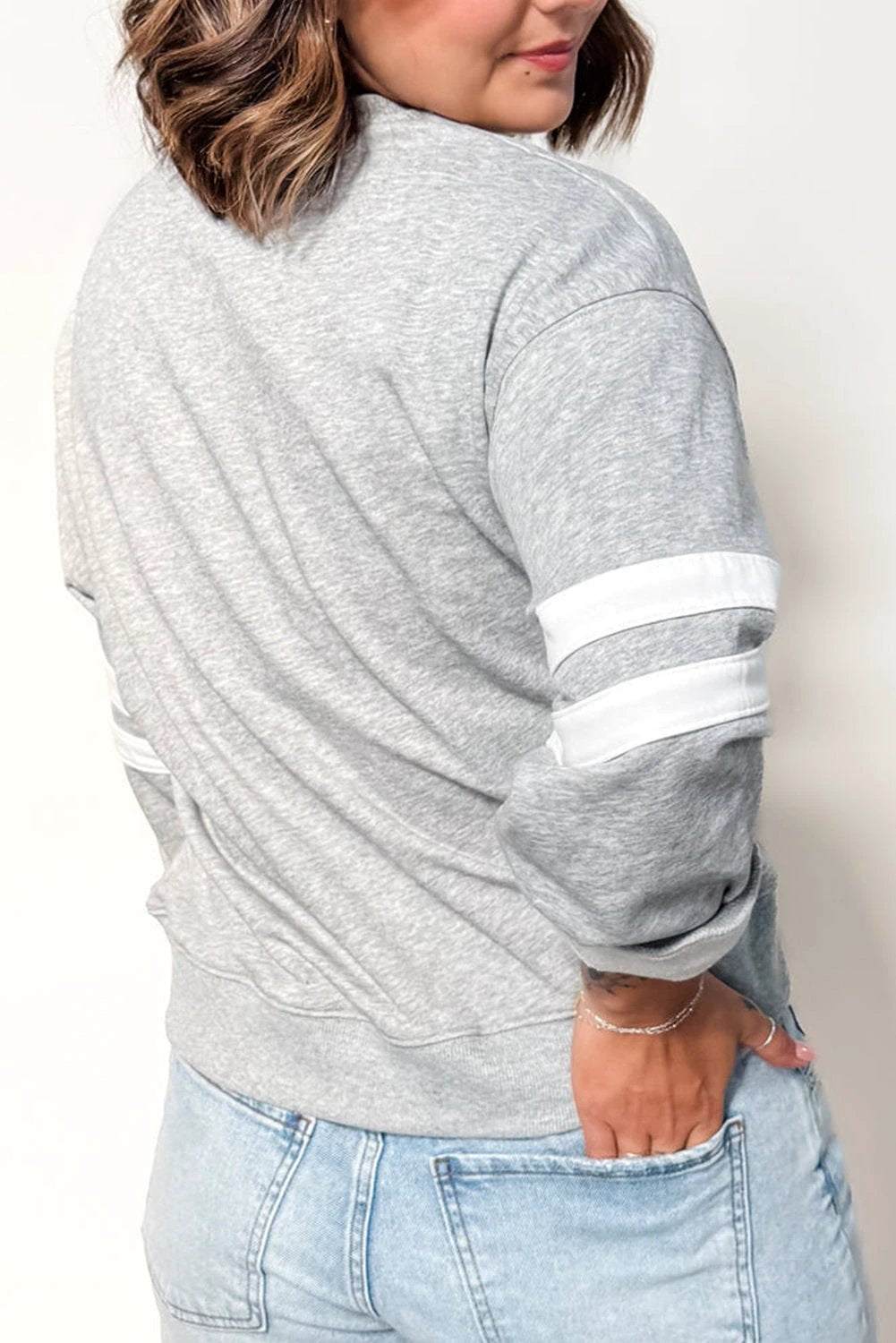 Plus size light grey varsity stripe detail crew neck sweatshirt for everyday confidence