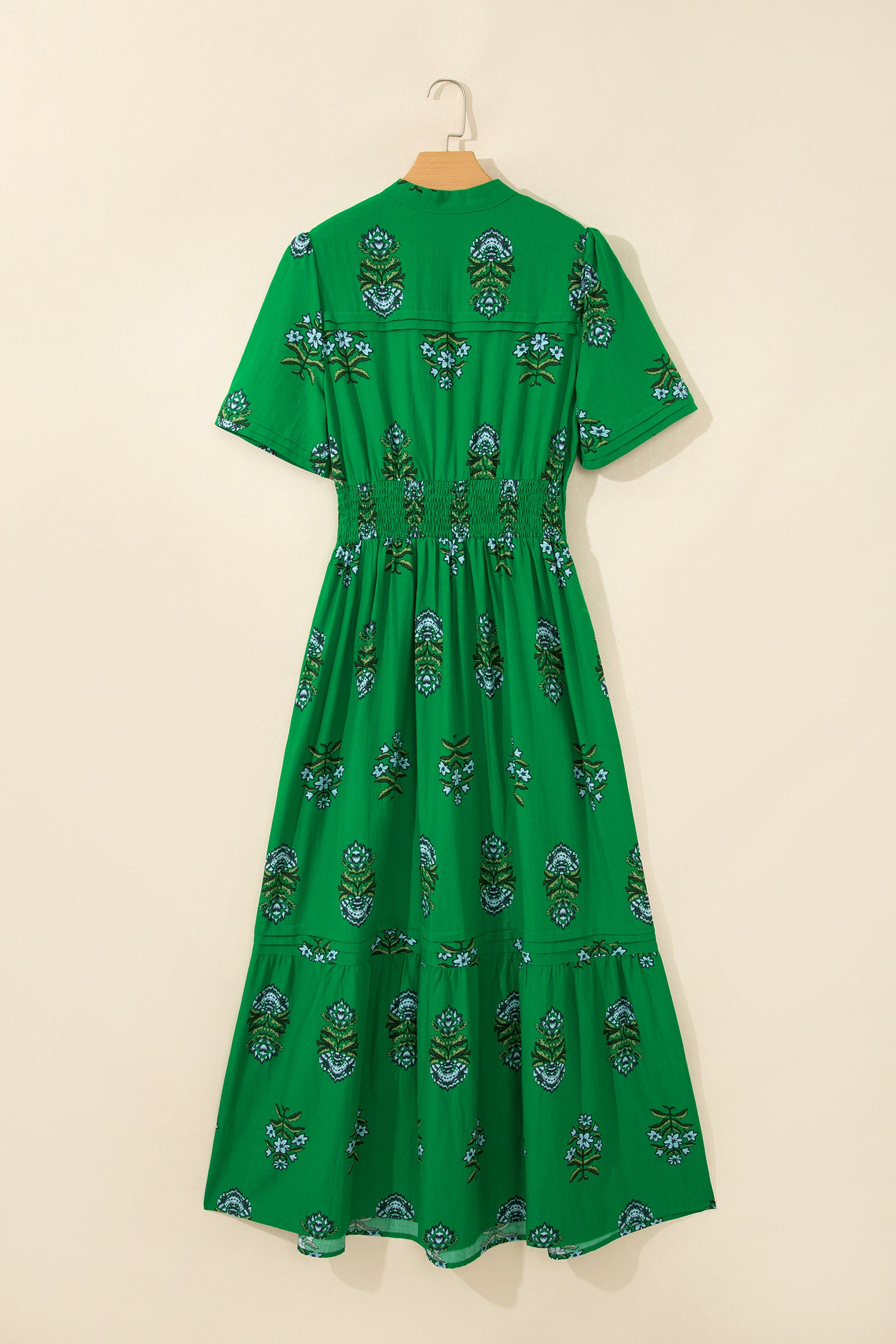 White Floral Print Split Neck Shirred High Waist Ruffle Hem Maxi Dress