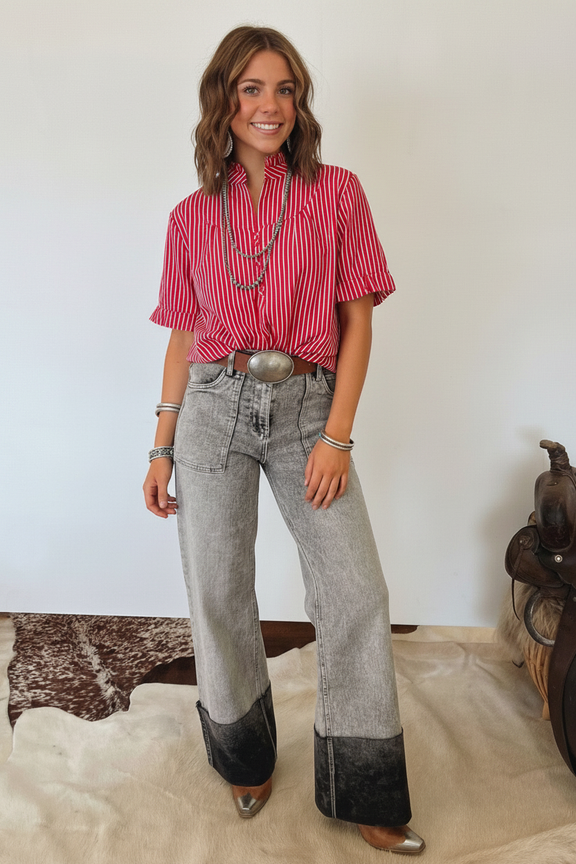 Red Stripe Ruffled Short Puff Sleeve Button Front Blouse