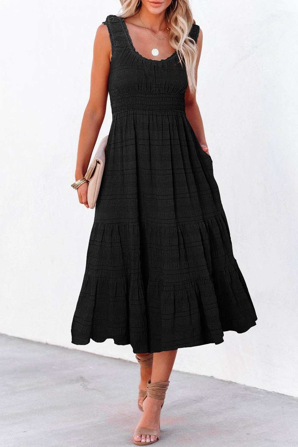 Sleeveless Midi Dress with shirred pleated square-neck bodice and tiered skirt