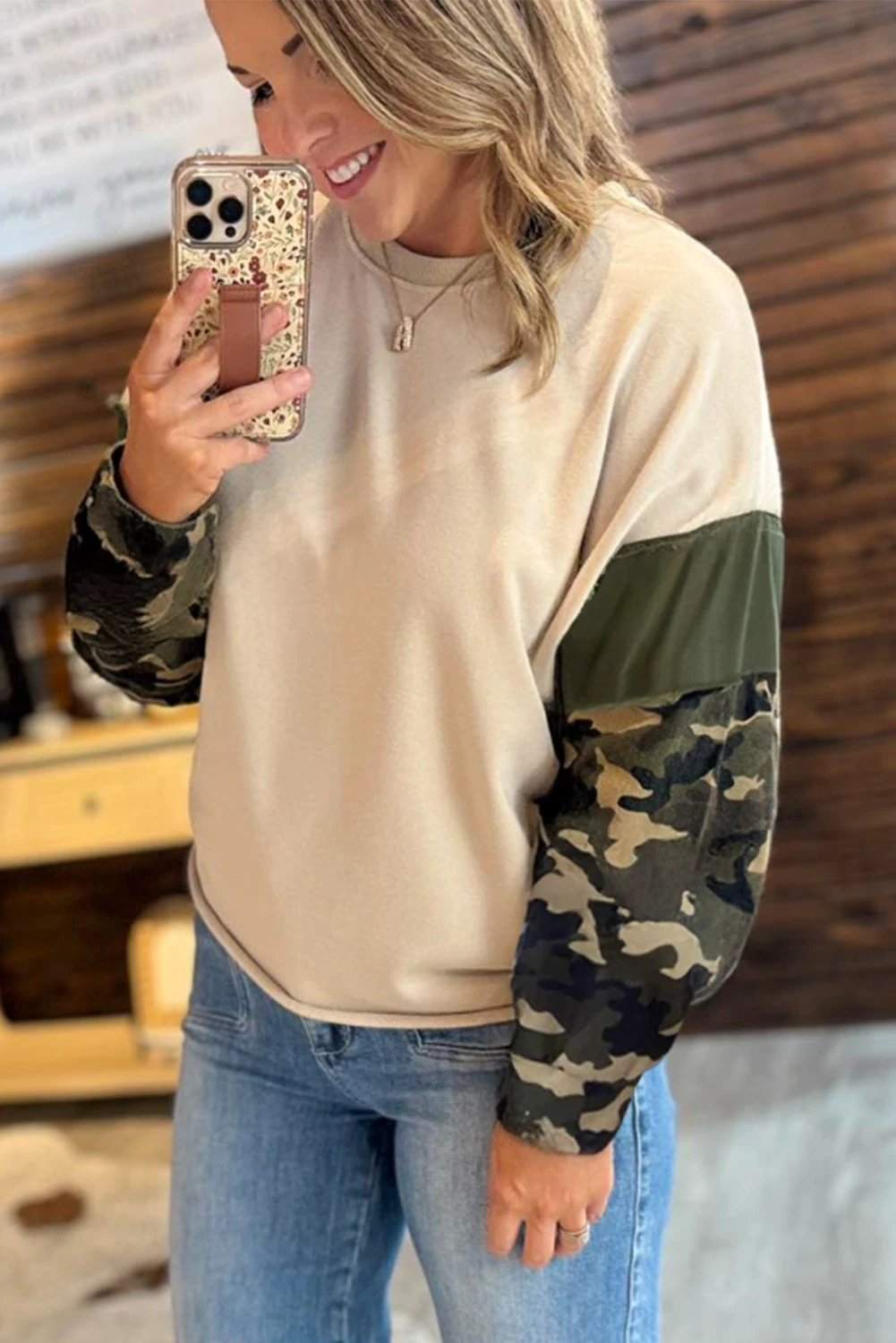 apricot camo print patchwork sleeve raw hem plus size sweatshirt for women casual everyday outfit
