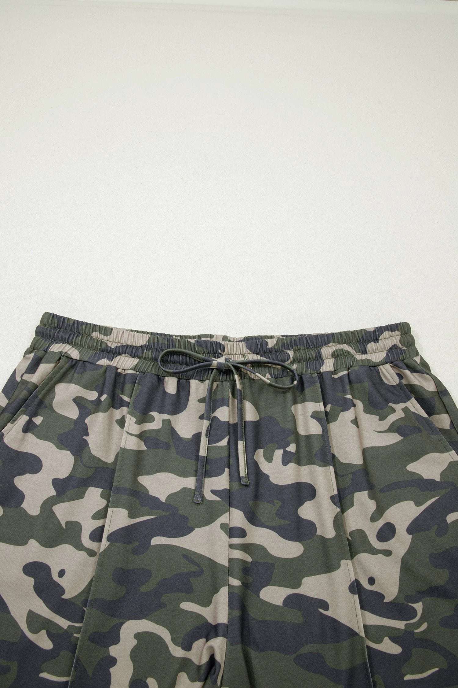 green tie elastic waist pocketed plus size camo shorts for women casual everyday outfit