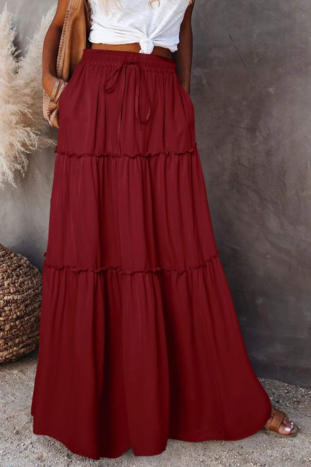 Boho Mama Vibe black frill tiered drawstring waist maxi skirt with flowing silhouette