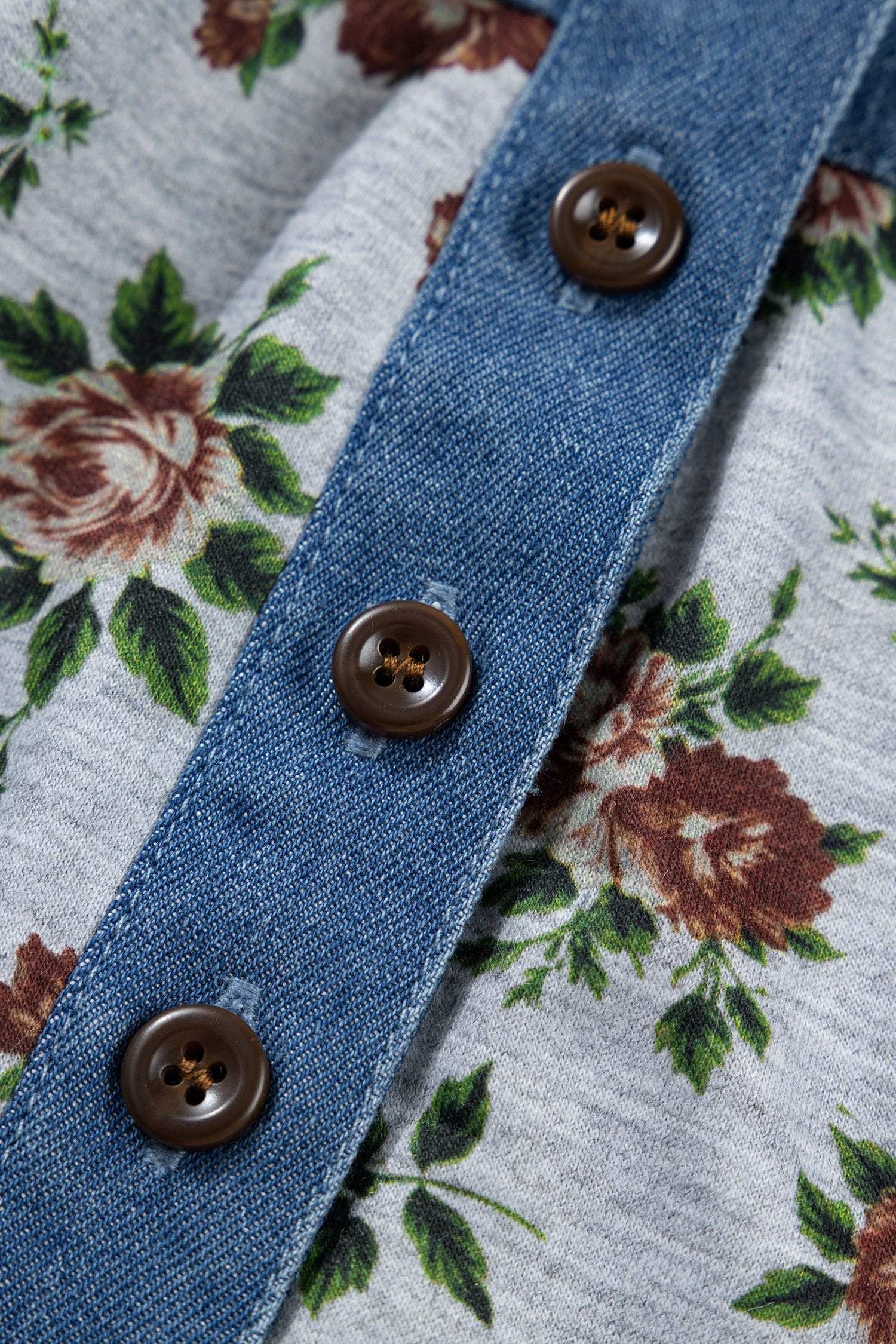 gray retro floral print denim patchwork buttoned polo collar top for women casual everyday outfit