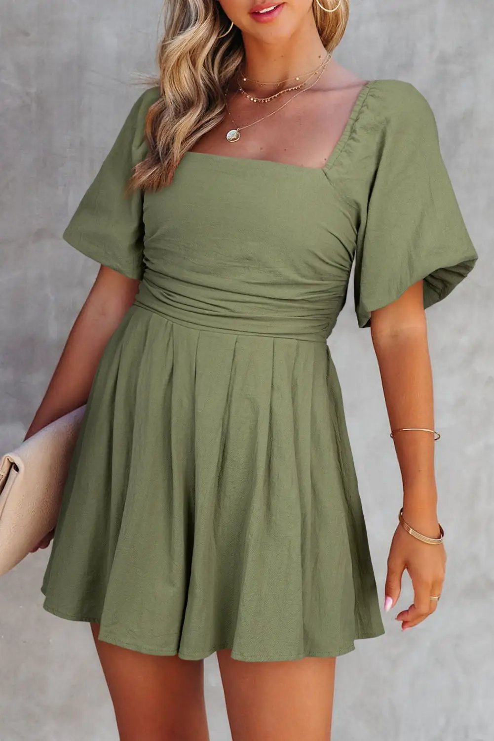 valerian square neck ruched puff sleeve romper for women casual everyday outfit