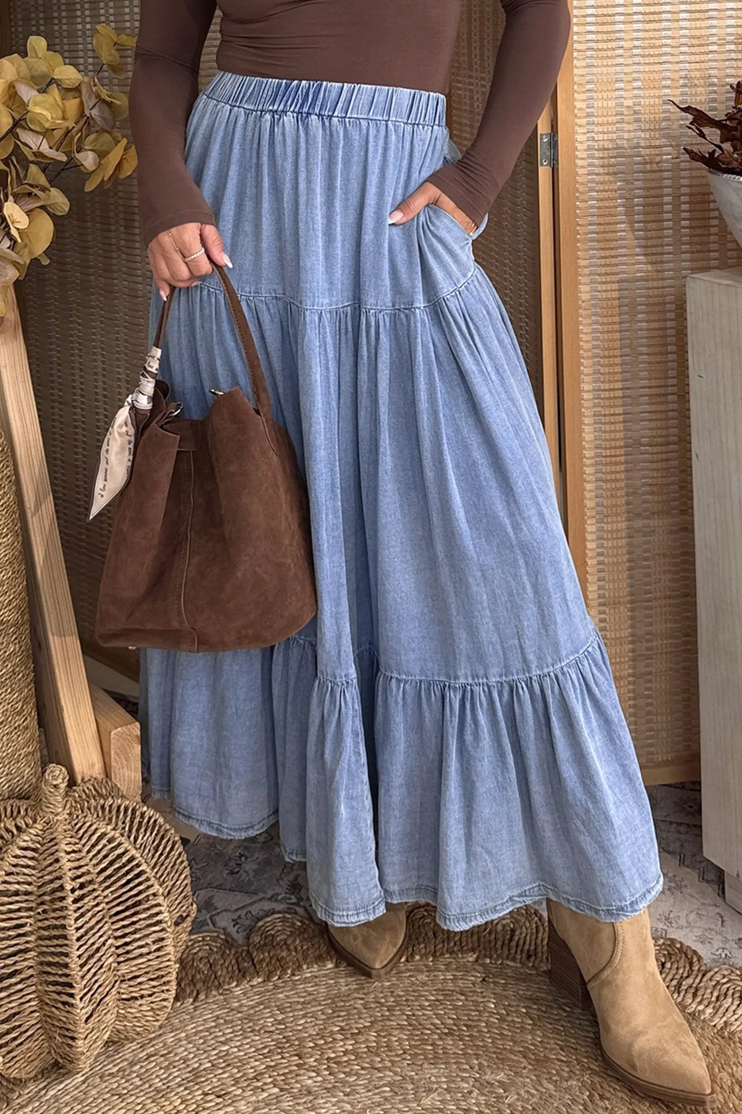 Dear-Lover Dropshipping Beau Blue Elastic Waist Ruffled Tiered Flared Denim Maxi Skirt - Bottoms/Skirts & Petticoat