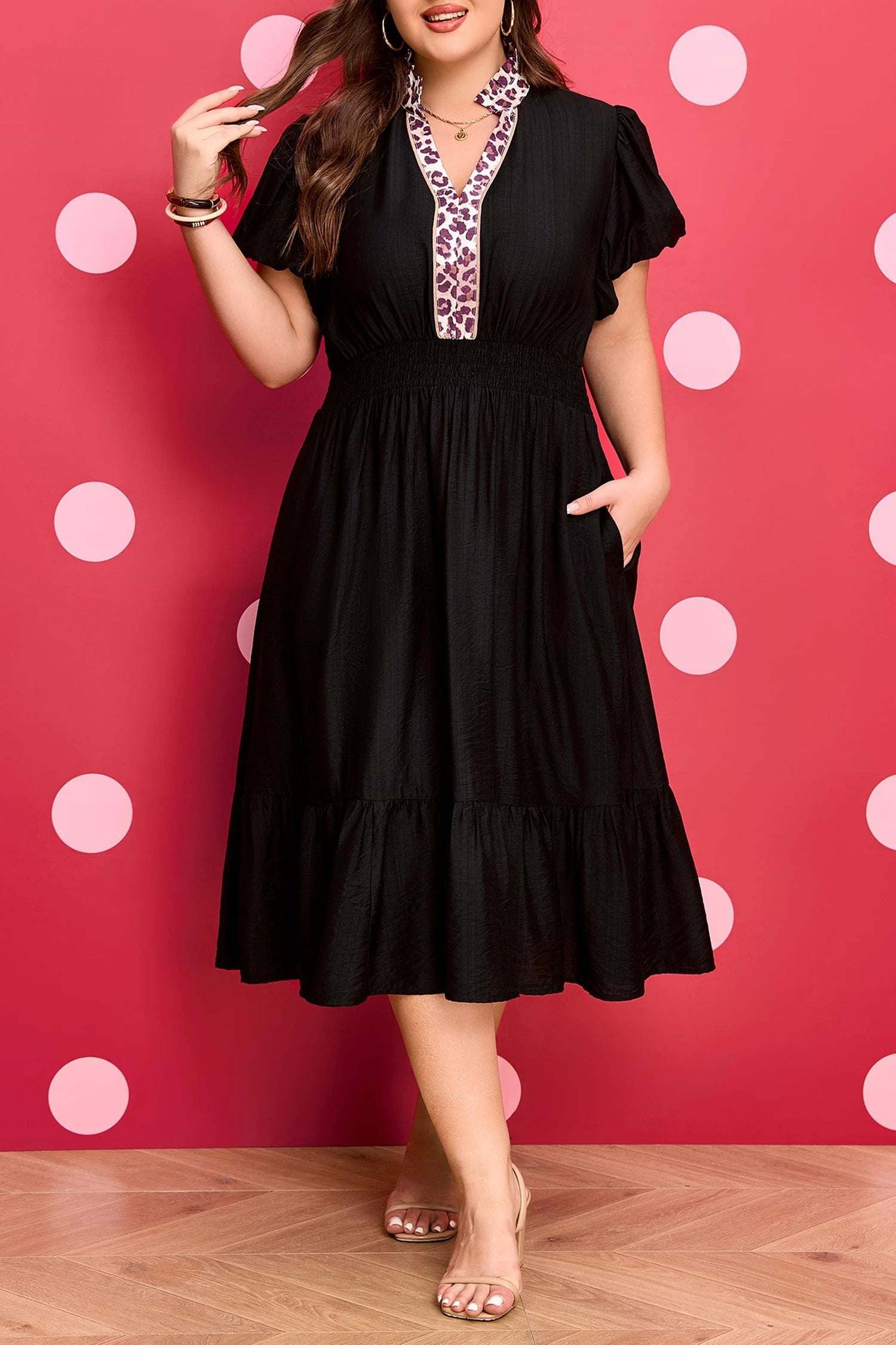 Plus size patchwork smocked waist dress with leopard accent and ruffled hem