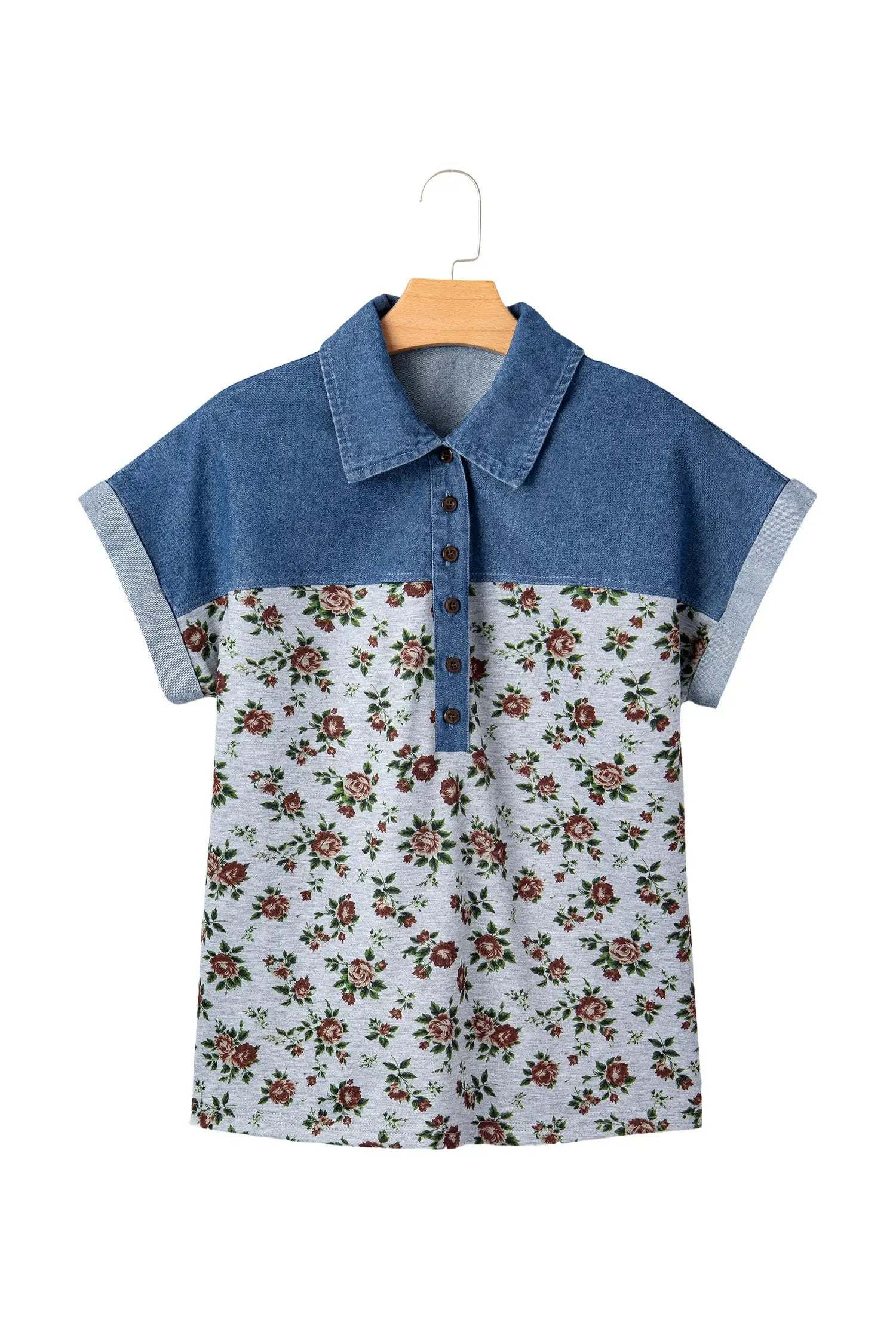 J&H Apparel Gray Retro Floral Print Denim Patchwork Buttoned Polo Collar Top - Shirts Tops/Blouses & Shirts