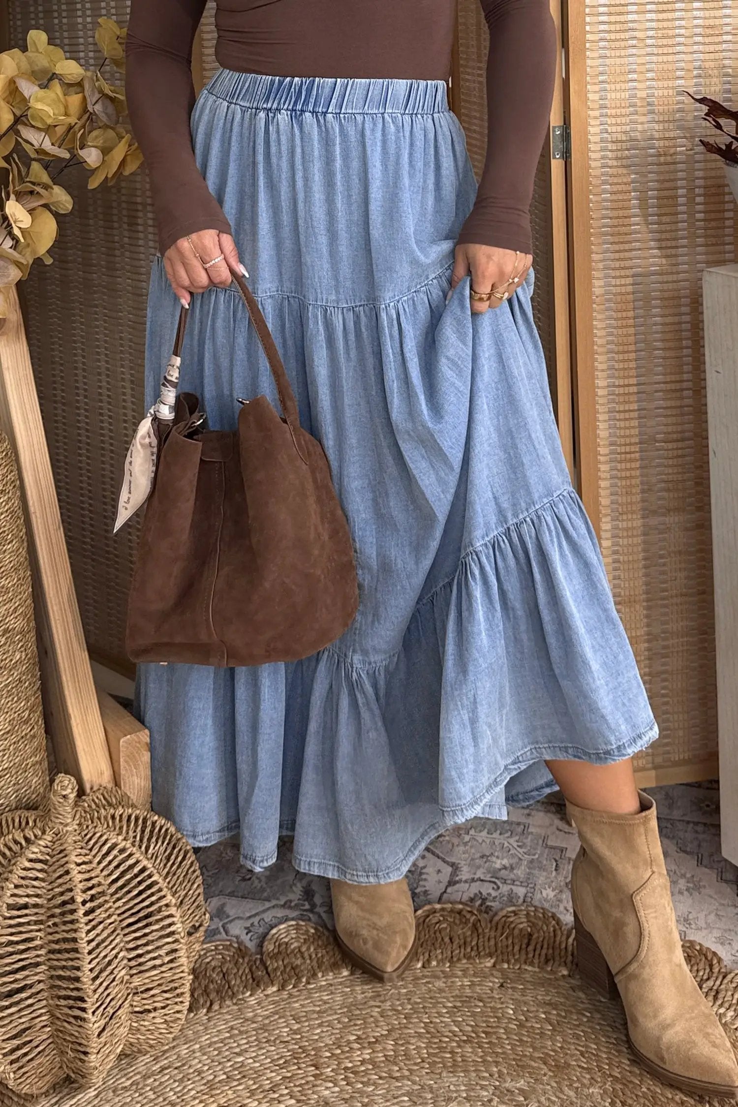 Dear-Lover Dropshipping Beau Blue Elastic Waist Ruffled Tiered Flared Denim Maxi Skirt - Bottoms/Skirts & Petticoat