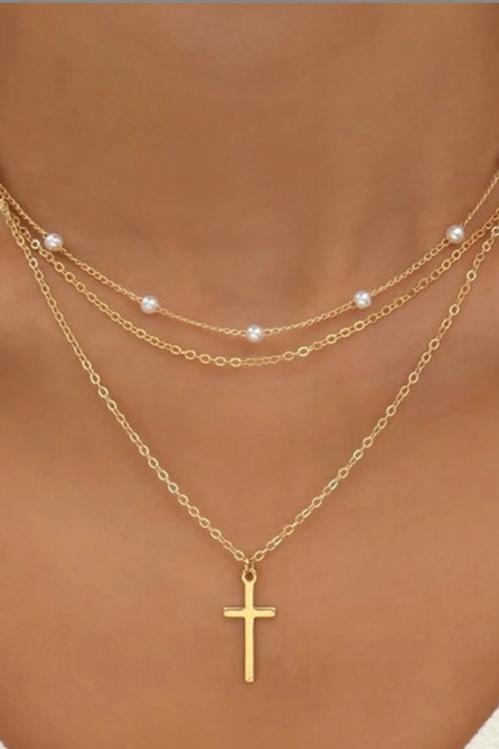 gold plated cross pendant pearl decor triple layer chain necklace for women casual everyday outfit