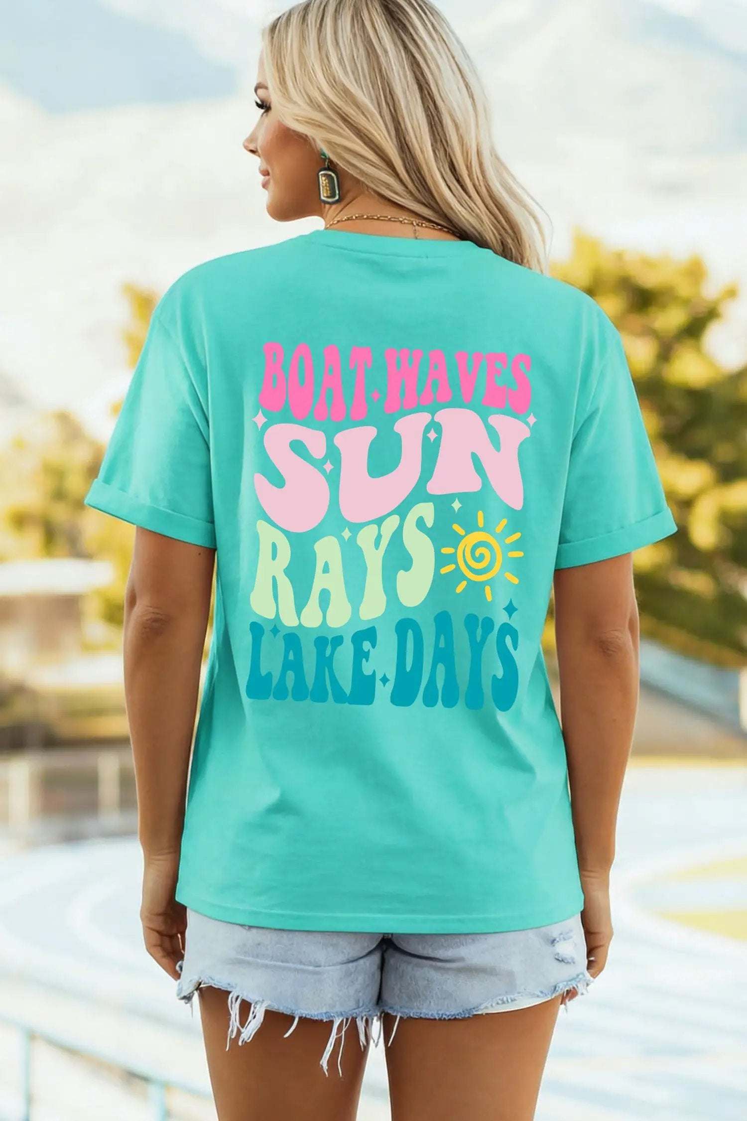 Lake Days double-sided printed graphic tee with relaxed fit and lake-themed designs on front and back