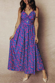 Blue floral print twisted V-neck backless boho maxi dress with Main Character Energy vibe