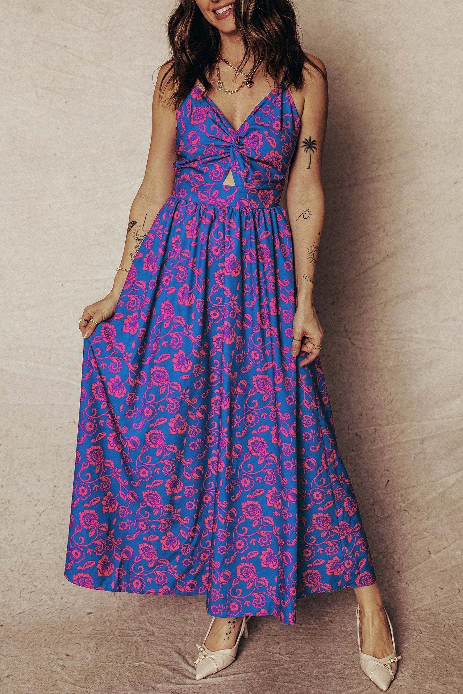 Blue floral print twisted V-neck backless boho maxi dress with Main Character Energy vibe