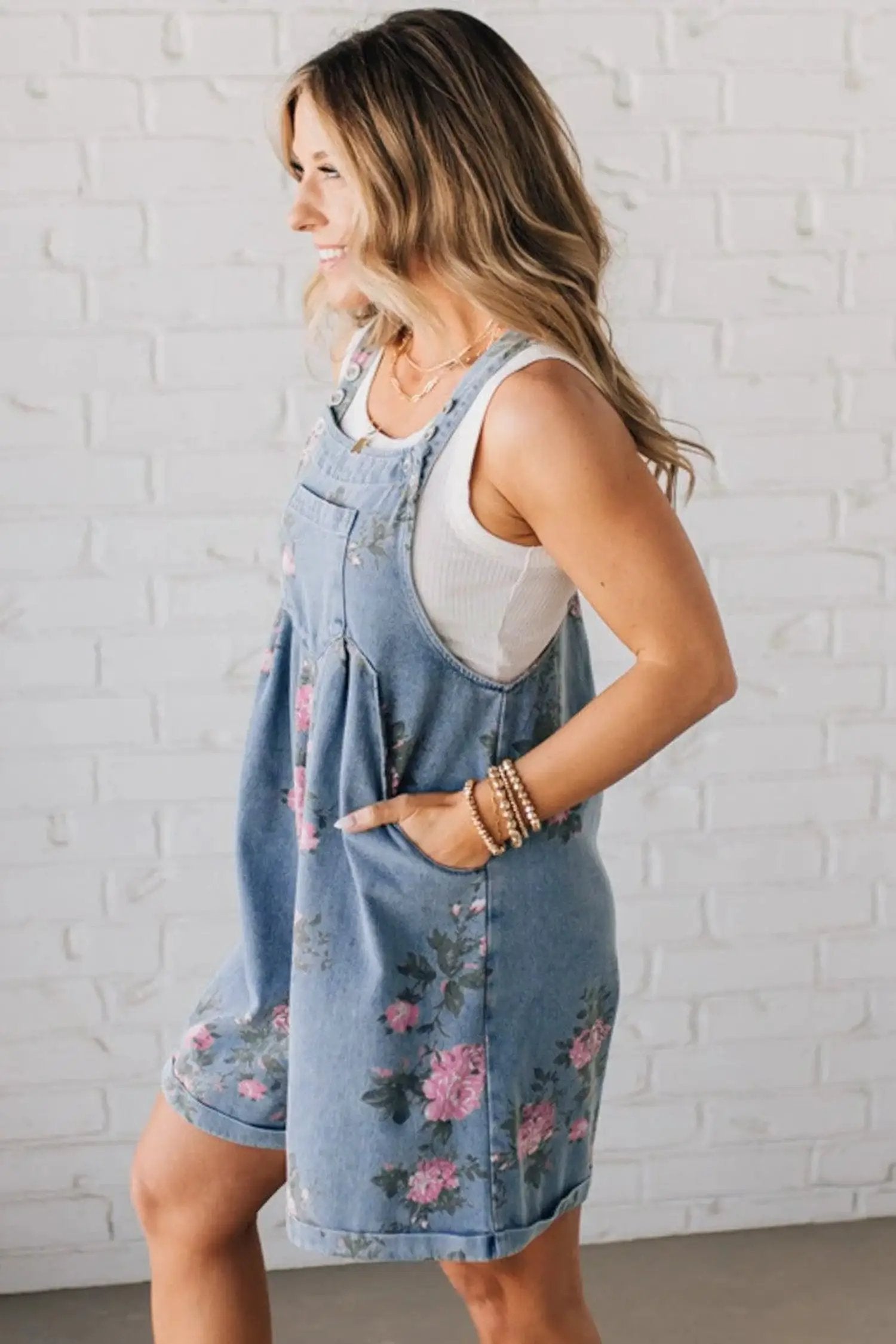 Dear-Lover Dropshipping Myosotis Floral Print Denim Shortalls - Bottoms/Jumpsuits & Rompers
